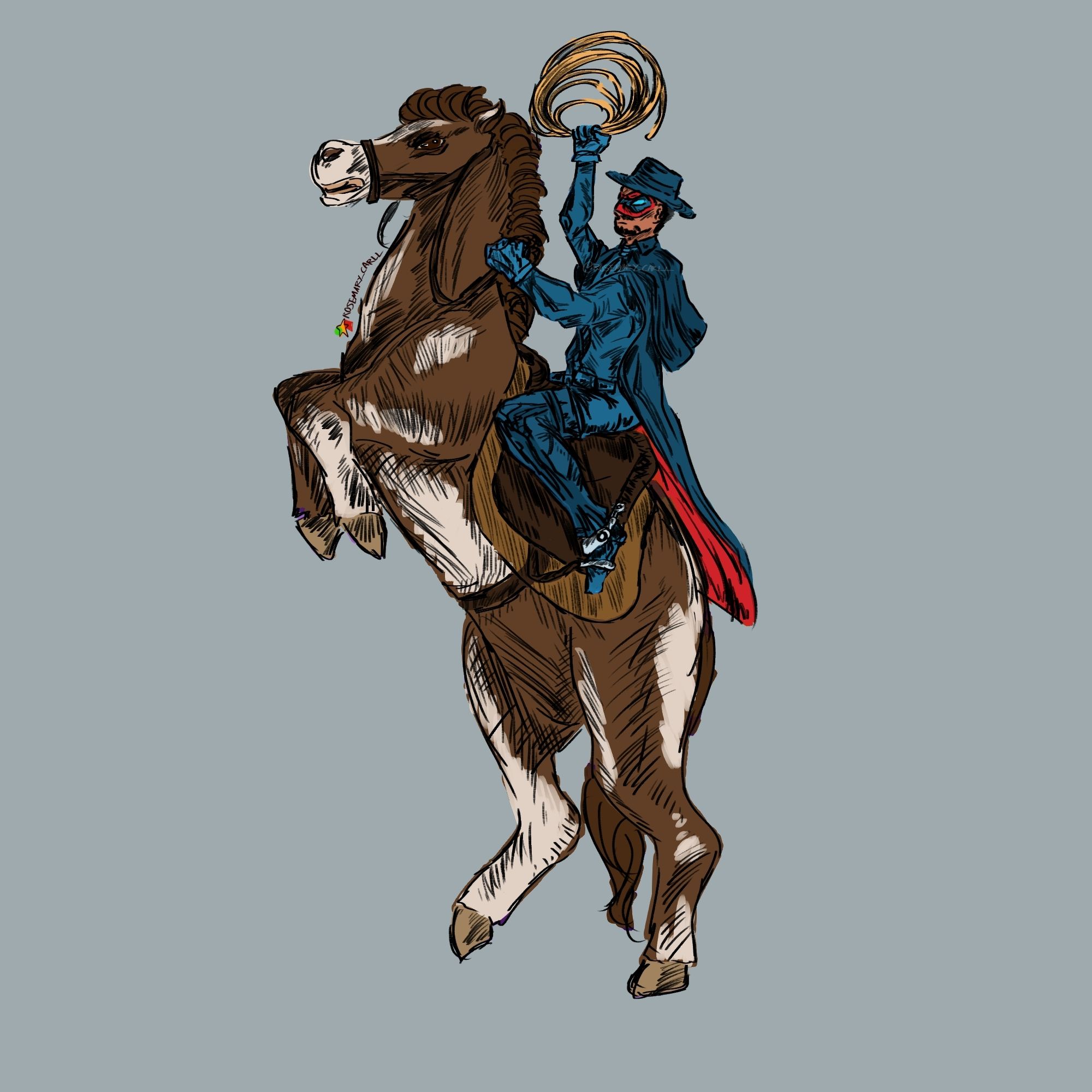 Lazarus Lane riding a horse. Lazarus has brown skin and the eyes of his mask are blue, apart from that he's wearing his usual cowboy-inspired outfit- wide brimmed hat, spurred boots, long cape, button up shirt, and pale gloves. One of his hands is holding the reins, another on his lasso, which he's holding above his head. The horse is brown and white, with a leather saddle and beige saddle pad. The horse is reared up, standing on its back hoofs, like its about to run. The background is a plain grey.