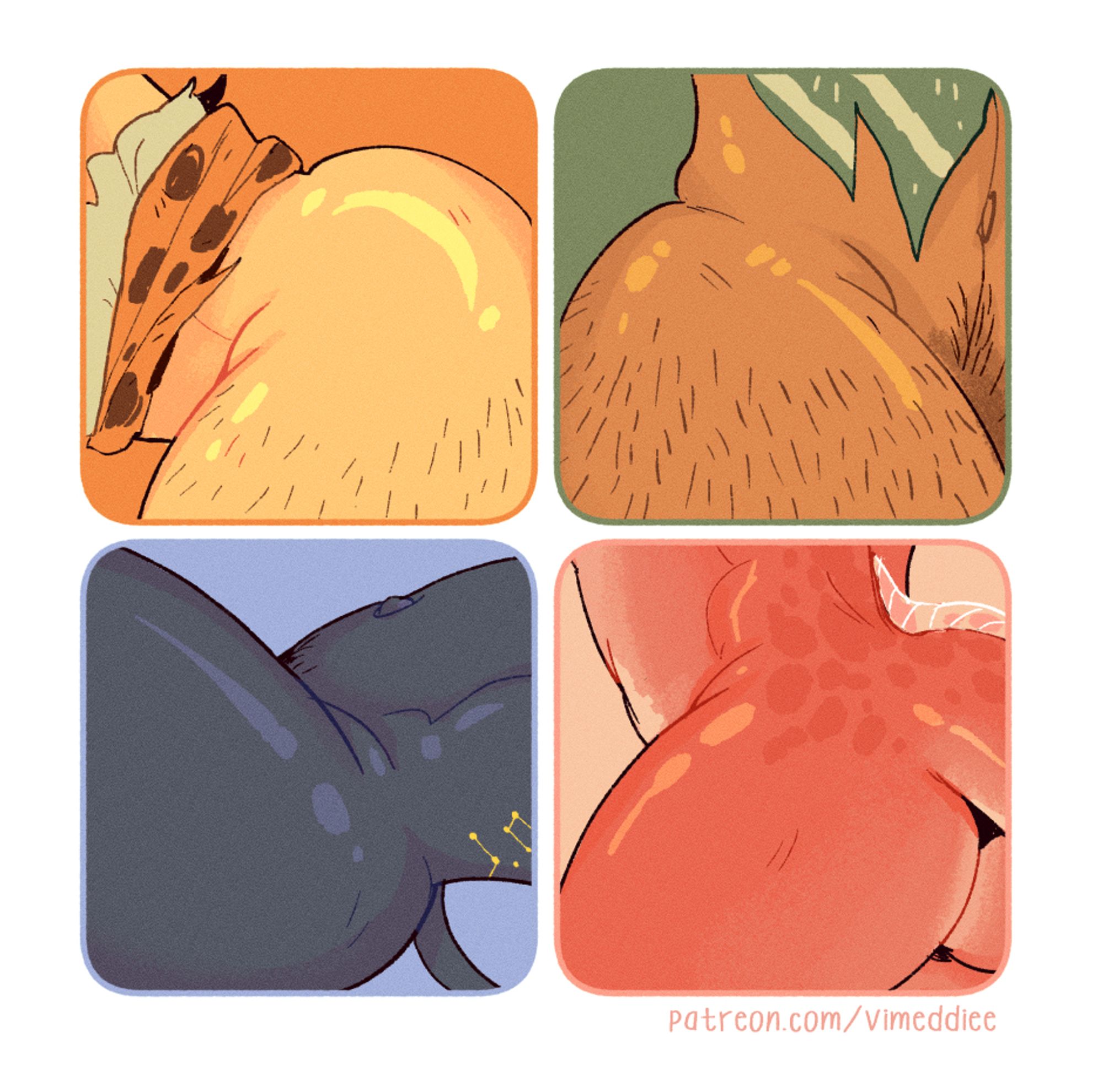 4 vignettes of my OCs' shiny juicy butts in varying angles