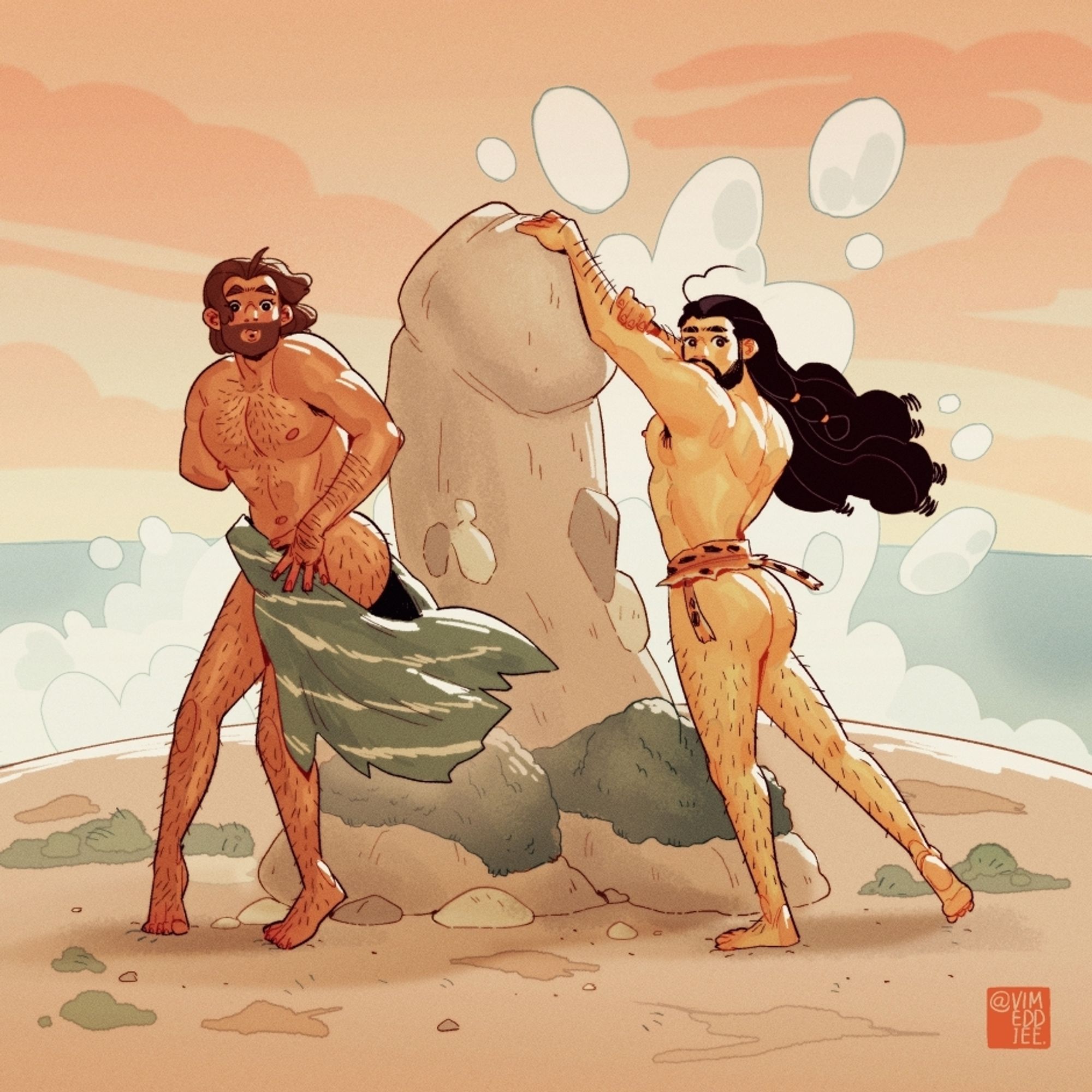 Pinup in vintage style of my OCs Grokk—holding onto his flyaway clothing managing to keep his crotch covered—and Skrugg, posing with his ass towards viewer, hands atop a tall column of rock shaped like a penis. An ocean wave explodes suggestively behind them