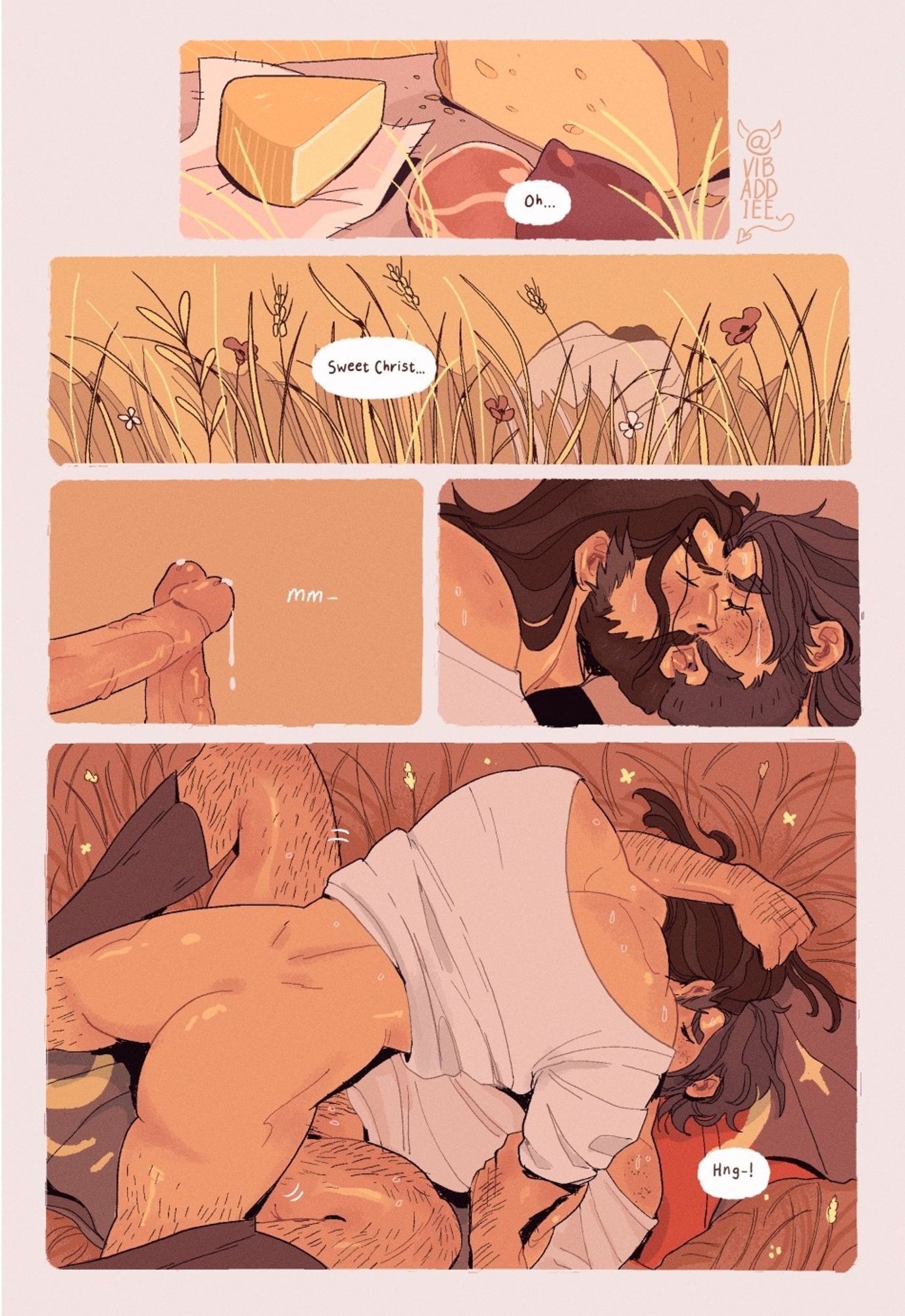 Comic of yeehan knights spicy encounter in a field.

Panel 1: close up of a recently abandoned meal of bread, meat and cheese. Text bubble says "Oh..."

Panel 2: shot of long grass and a hunched over figure in the distance. Text bubble says "Sweet Christ..."

Panel 3: close up of two dicks touching uwu

Panel 4: close up of a hot sweaty kiss with tongue

Panel 5: shot of Hanzo on top giving it to Cassidy, who has his legs splayed and a hand tangled in Hanzo's hair. Text bubble, "Hng—!"