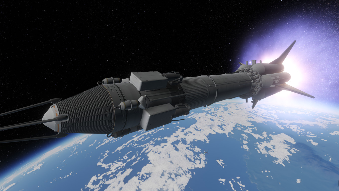 ksp screenshot of my silly thing, now with six extra engines on its lower stage for a total of twelve