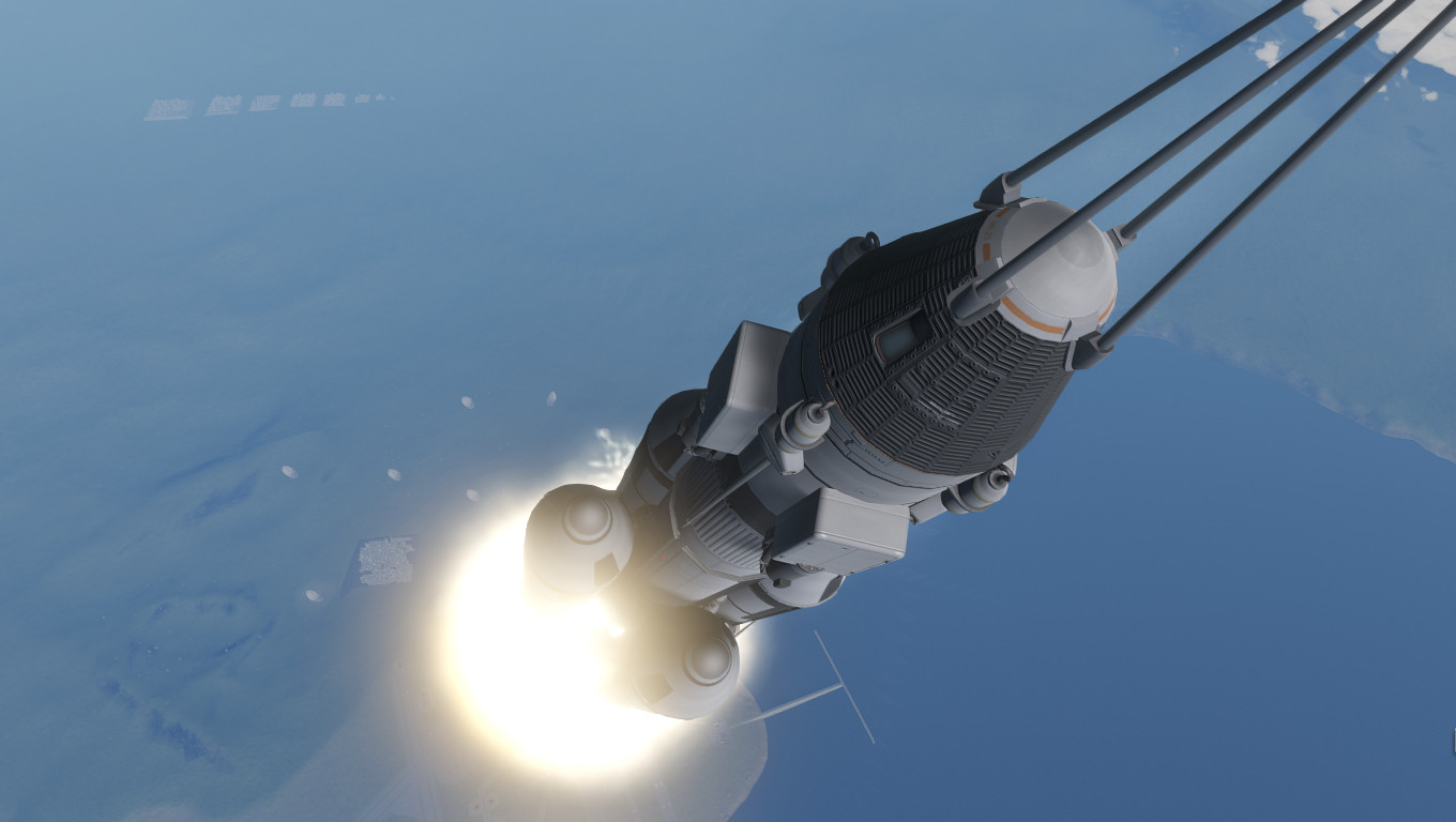 ksp screenshot of a rocket leaving kerbin atmosphere, still with solid rocket boosters attached