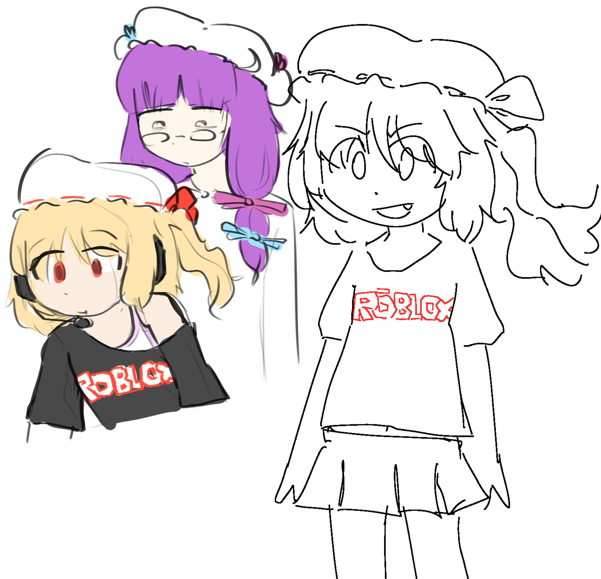 two sketches, one of patchouli looking over flandre's back, flandre's kinda leaning down and doing something not depicted but she has an oversized roblox shirt and headphones on. the other one is just a really quick aliased doodle of flan in the shirt and skirt