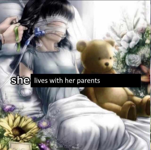 image of the quadruple amputee anime girl in the hospital with the teddy bear captioned "she lives with her parents"