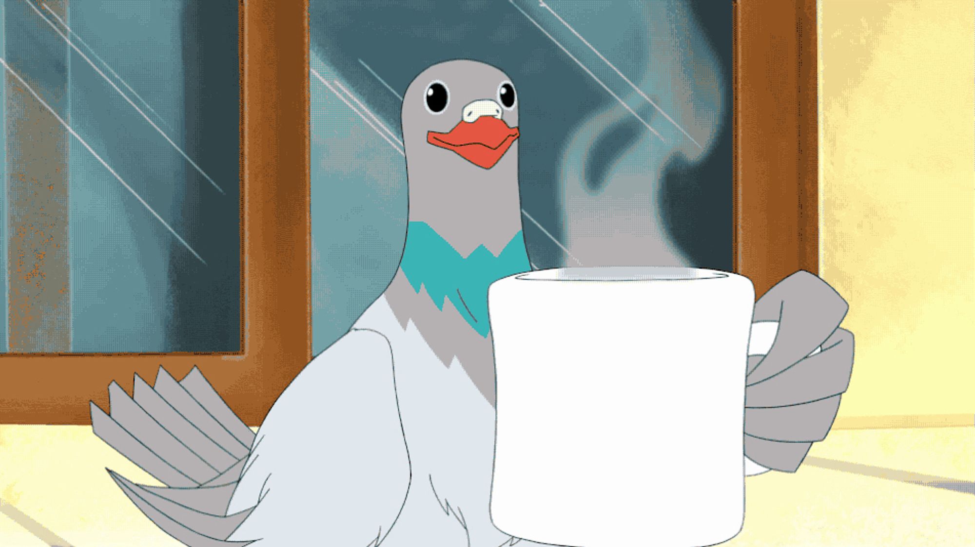 Pigeon on “Mike Tyson Mysteries” sipping coffee.