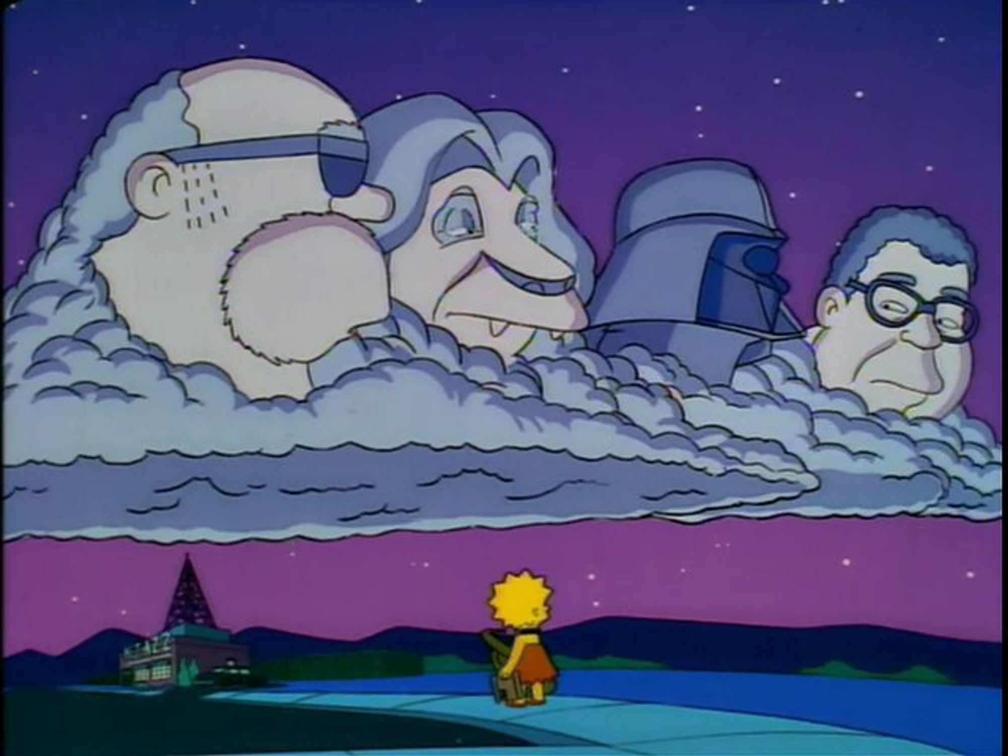 the ghosts of Bleeding Gums Murphy, Mufasa, Darth Vader, and James Earl Jones floating in clouds in the night sky above Lisa Simpson