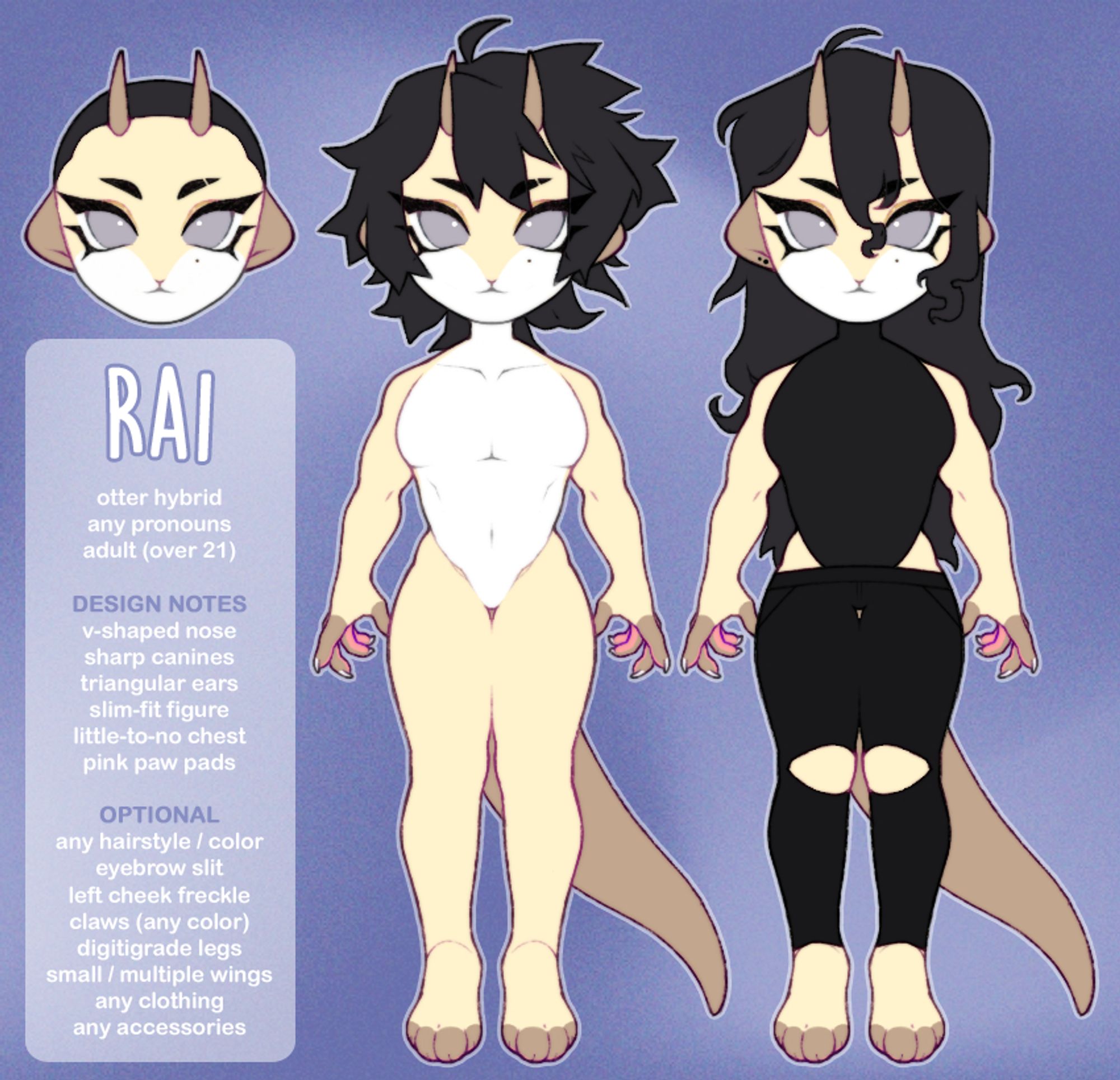 A reference sheet of an anthropomorphic otter hybrid named Rai. He is mostly cream with a white underbelly and brown extremities. Atop his head rests two small, brown horns. There is also some text on the side that reads:

RAI
otter hybrid
any pronouns
adult (over 21)

DESIGN NOTES
v-shaped nose
sharp canines
triangular ears
slim-fit figure
little-to-no chest
pink paw pads

OPTIONAL
any hairstyle / color
eyebrow slit
left cheek freckle
claws (any color)
digitigrade legs
small / multiple wings
any clothing
any accessories