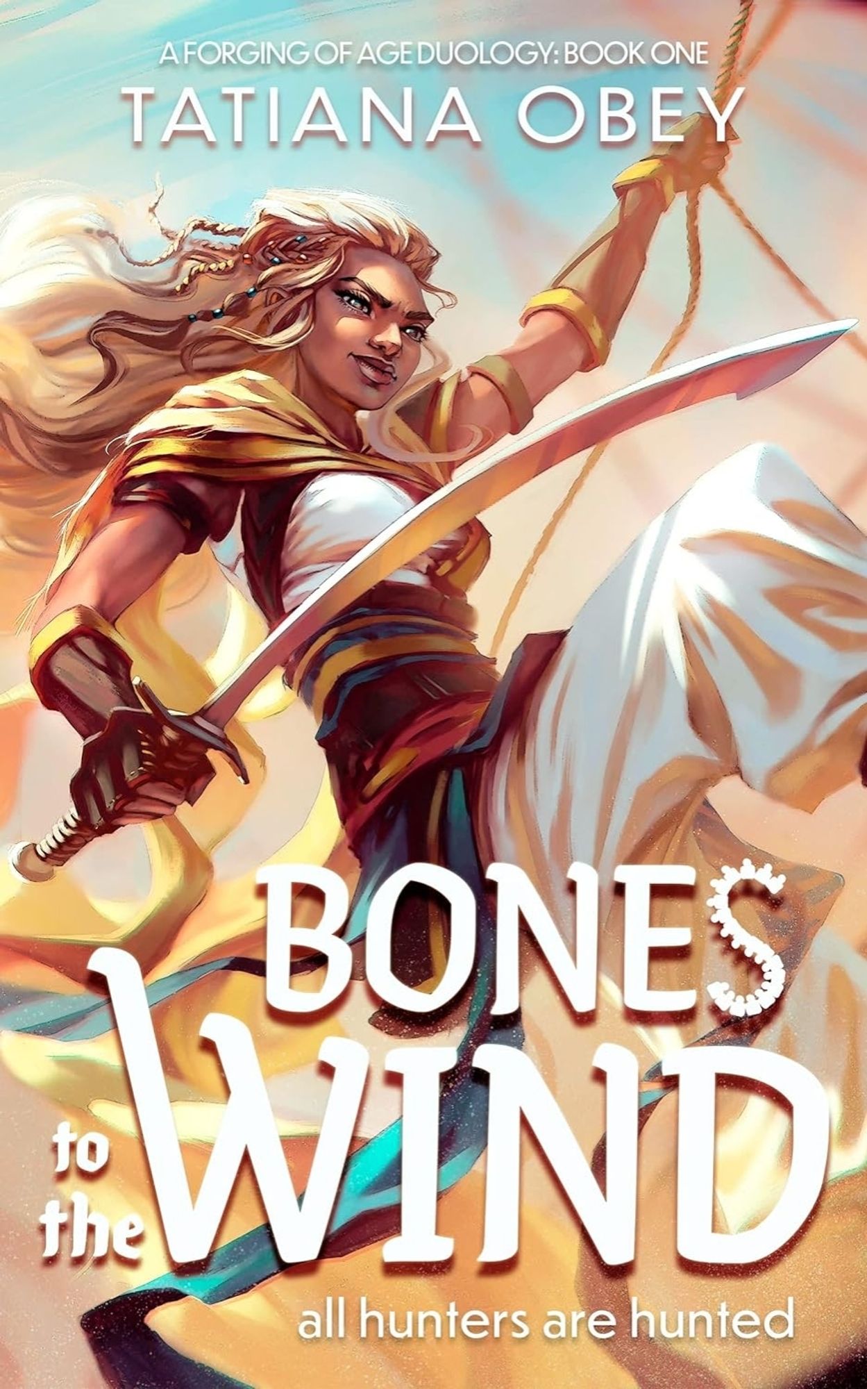 Cover of BONES TO THE WIND by Tatiana Obey, featuring a long-tressed Black woman brandishing a long curved sword and prepared to swing into action.