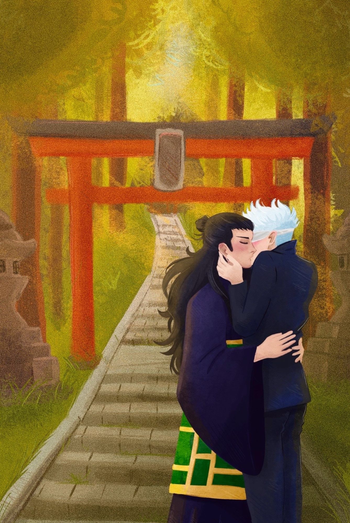 Geto and Gojo in front of the school gates, canoodling 