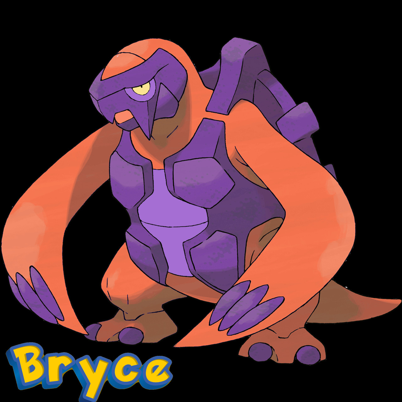 An image of the Pokémon Carracosta, with its colors changed to resemble the main colors of my character Bryce the Alligator. Carracosta is a Pokémon that normally resembles a blue turtle. To make it look more like Bryce, I treated its shell like a "shirt" end changed its color to be purple, while I edited the color of its main body to be orange, resulting in a striking contrast between the two colors which calls to mind Bryce's coloration.