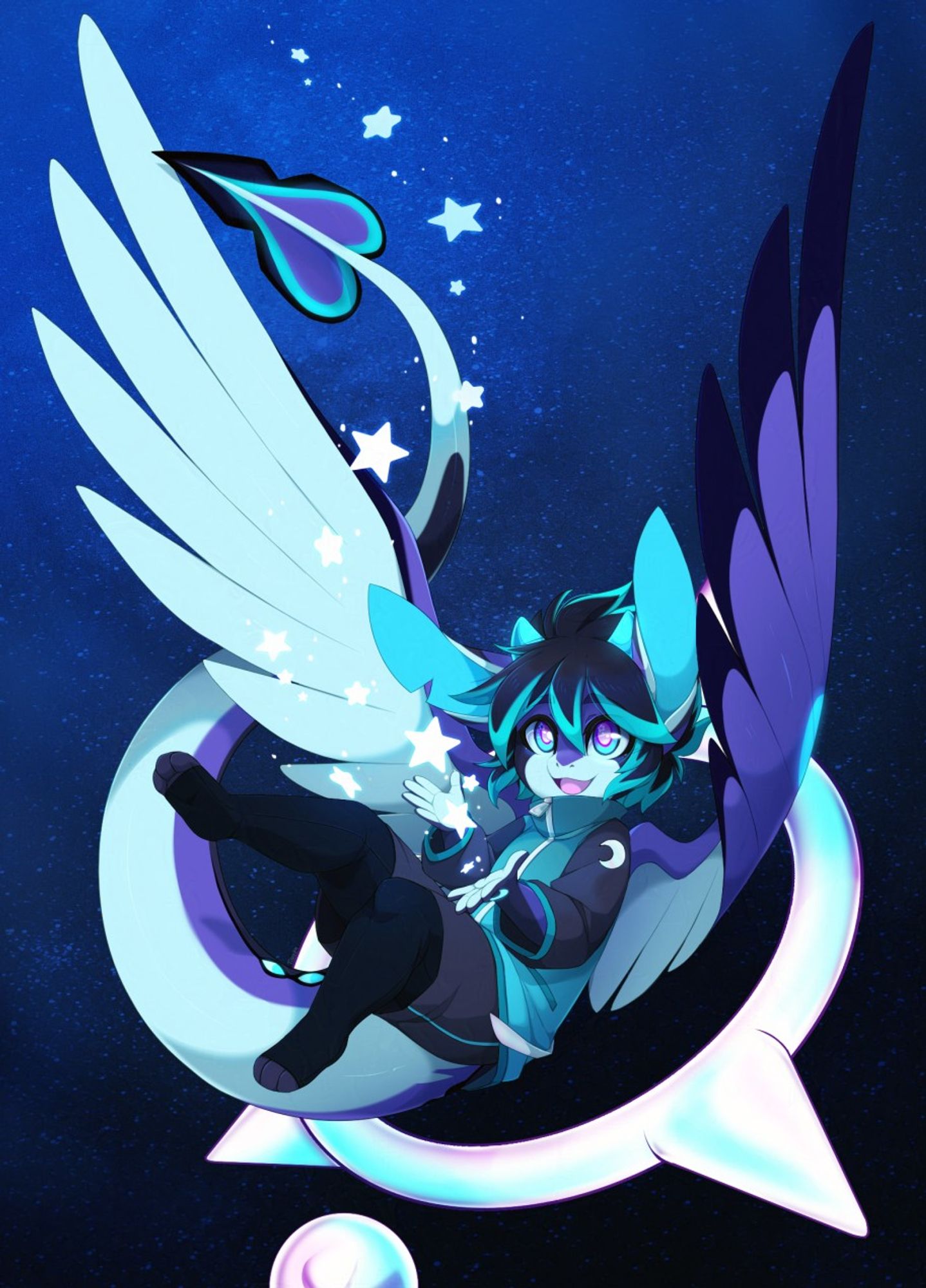 Furry kemono dragon with big wings, falling inside a halo like object. Background is a starry sky.