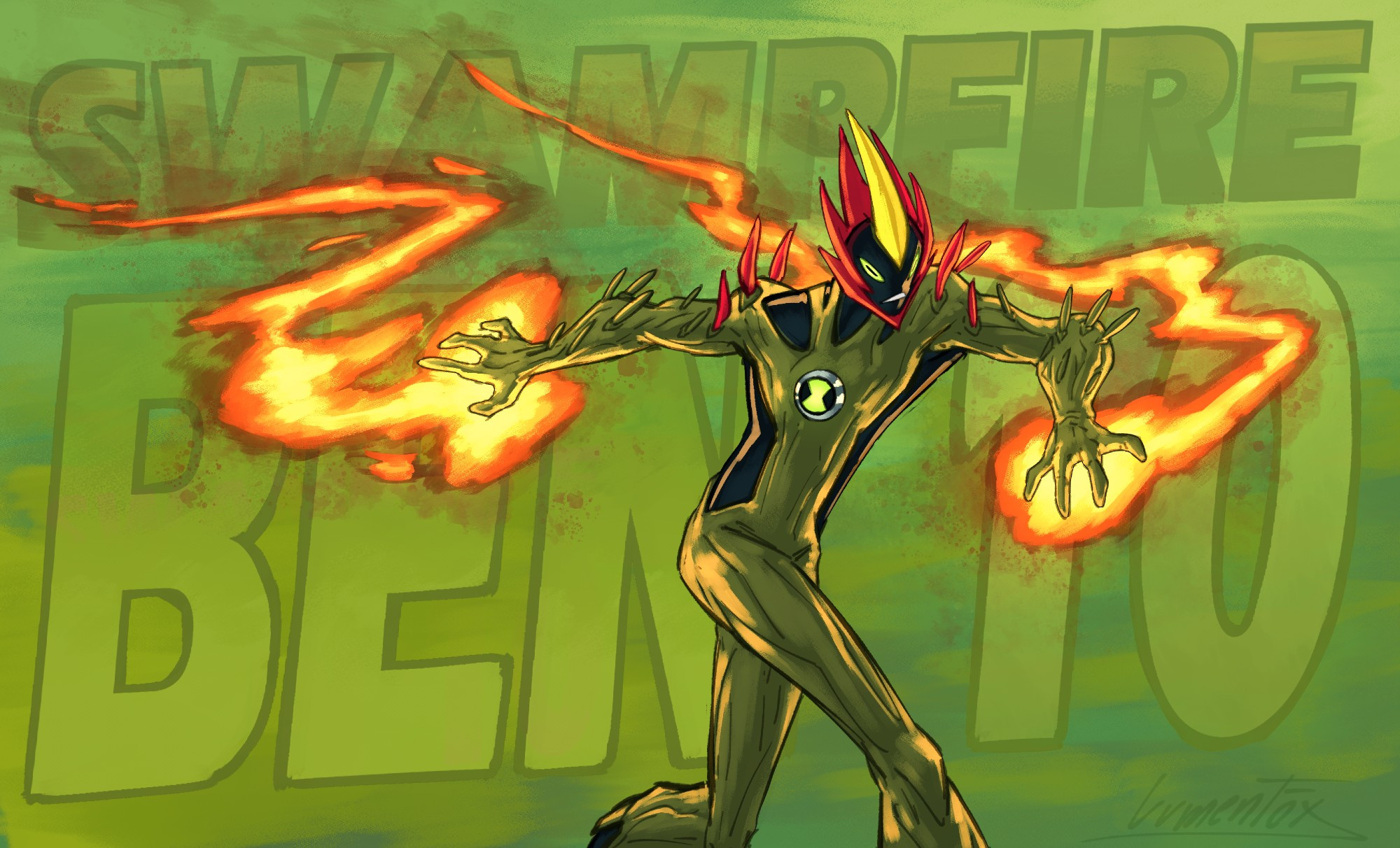 A drawing of the alien Swampfire, from Ben 10