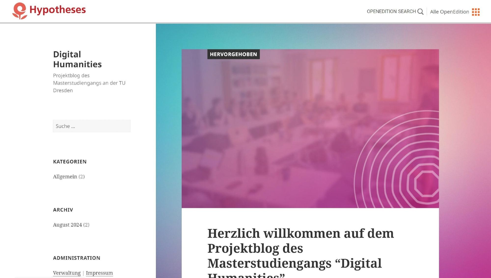 Projektblog des Masterstudiengangs "Digital Humanities" ist online.