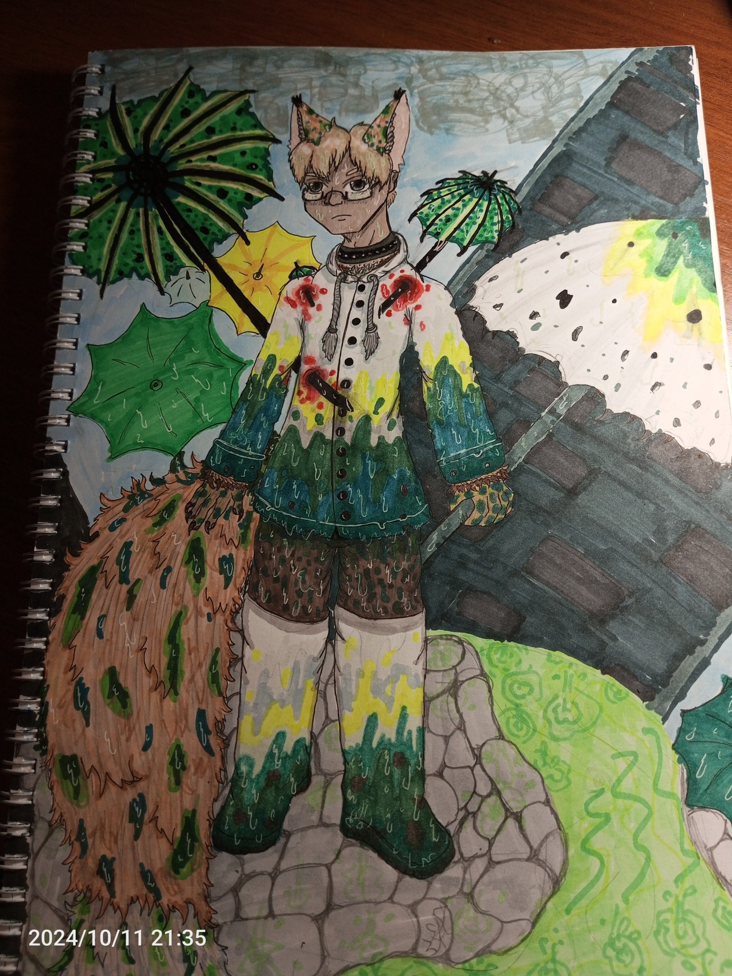 Traditional art of Philip from Library of Ruina. He have sunshower raincoat and boots and with the tail and fox ears. There are some umbrellas going through him. He is holding an umbrella in one hand. The background is a building with the rainy sky with more umbrellas