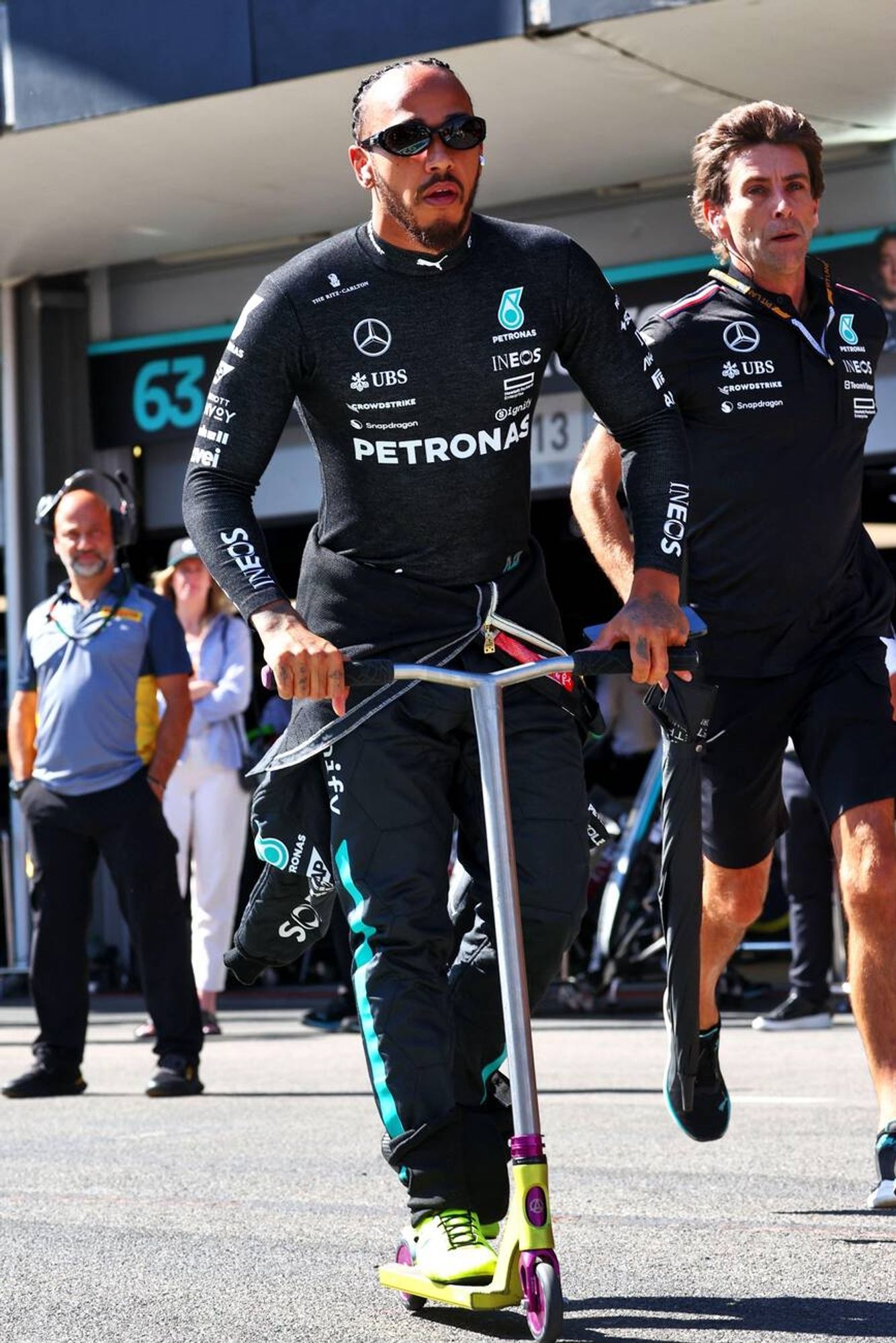 Lewis Hamilton riding a scooter in the pitlane at the Baku City Circuit #AzerbaijanGP