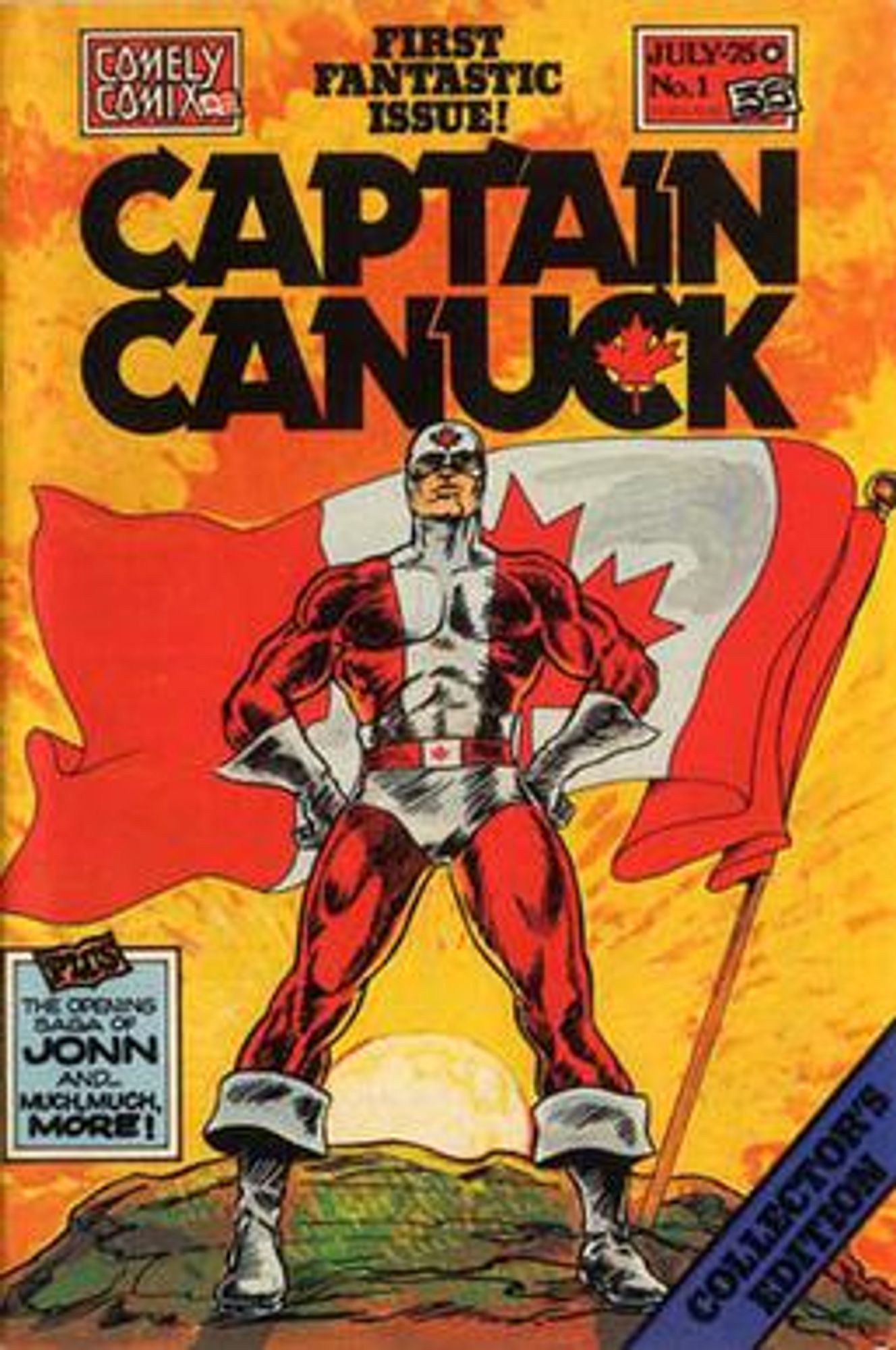 Captain Canuck superhero on the cover of his first comic book. A muscular man wearing a form-fitting, red and white costume, stands in front of a waving Canadian maple leaf flag with his hands on his hips.