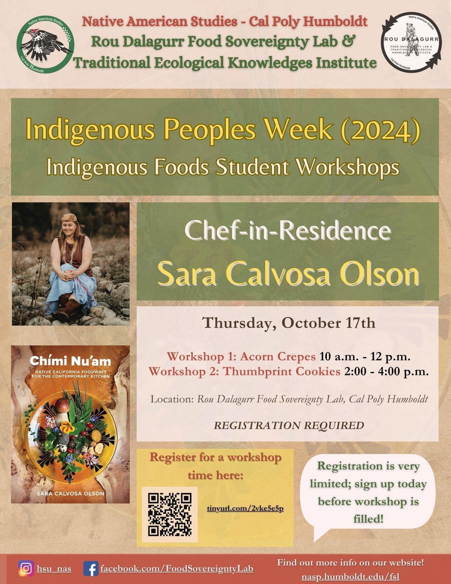 Poster describing Indigenous People’s Week activities at the HSU Food Sovereignty lab, workshops with me are open to students and faculty (but full now I believe)