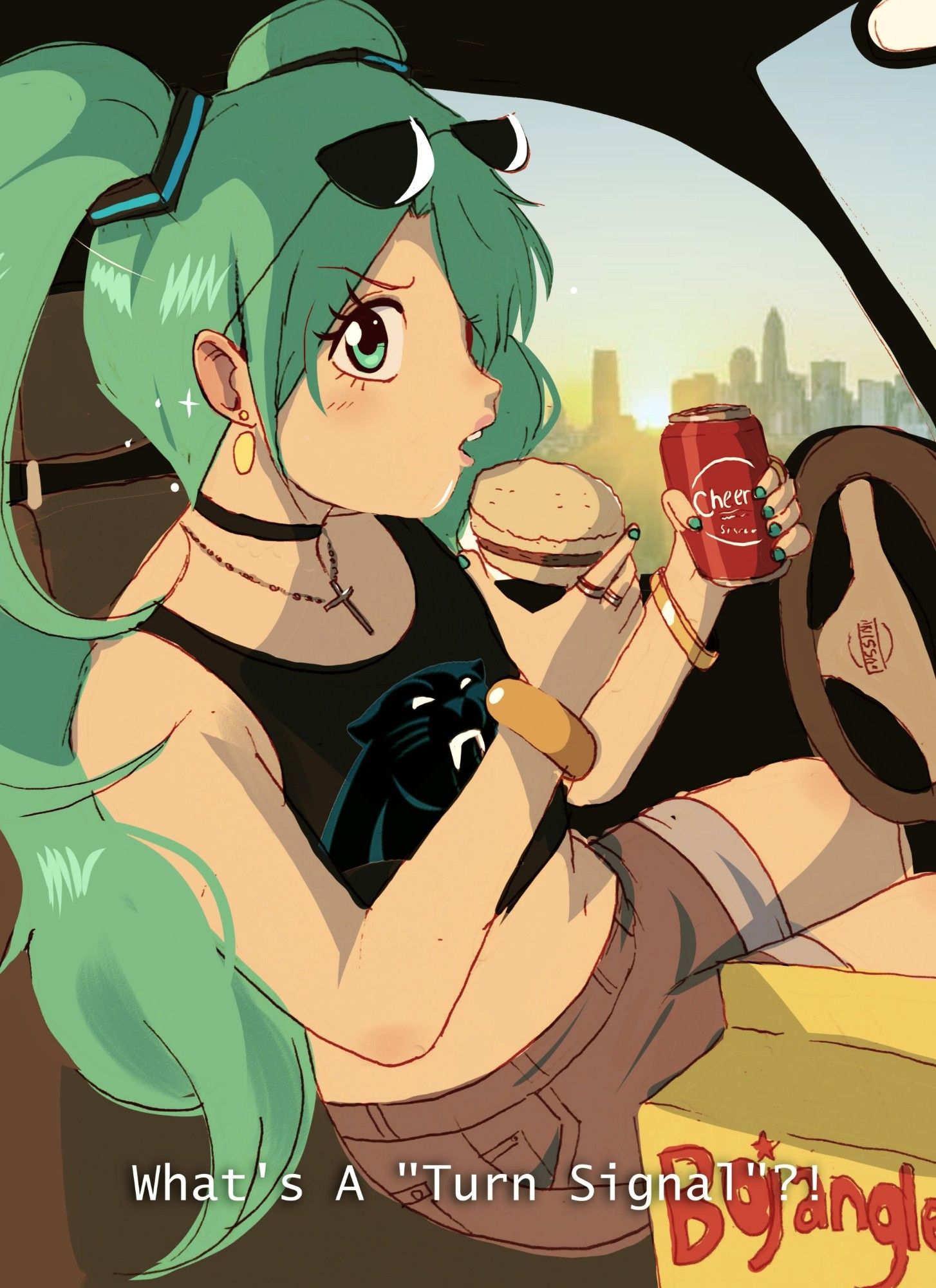 miku wearing a panthers tanktop, a choker, and cross necklace. She's eating bojangles in her car, with a cheerwine to drink. shes asking "whats a turn signal?!"

artists description says charlotte but im like 80% sure shes somewhere just outside of Winson Salem.