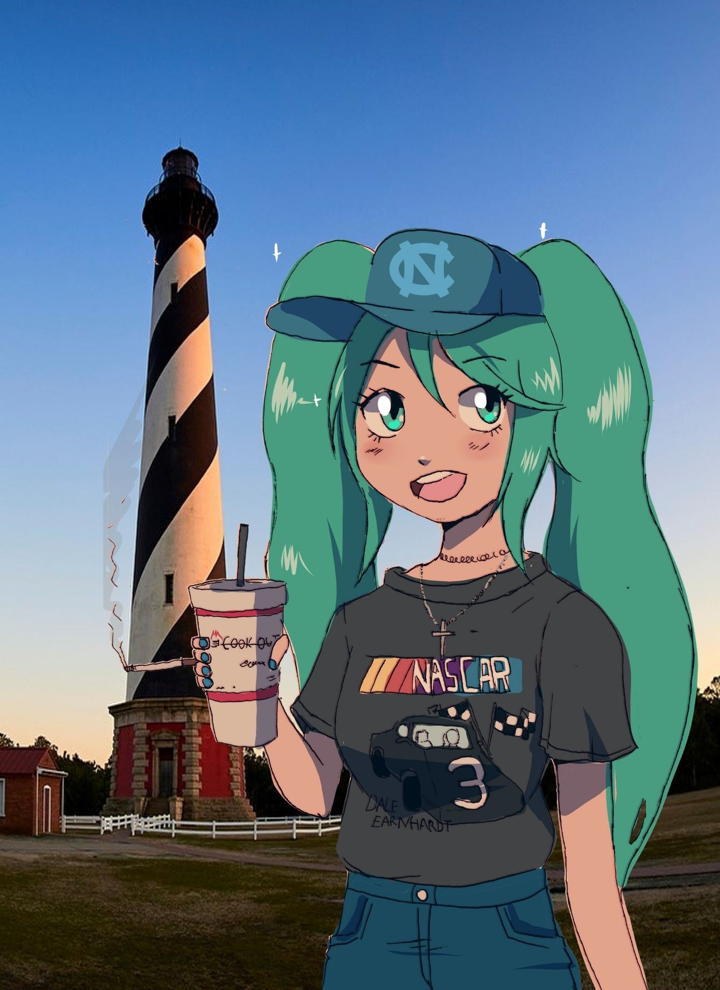 north carolina miku

shes wearing a tarheels hat, a nascar shirt, a choker, and a cross necklace. thes also holding a large drink from cookout and a cigarette in the same hand.

i was going to make a joke like "one of our lighthouses is in the background. idk which one we have like 3" but that would be a lie because i know them all by heart. we theme our elementary schools after them. (its cape hattaras)