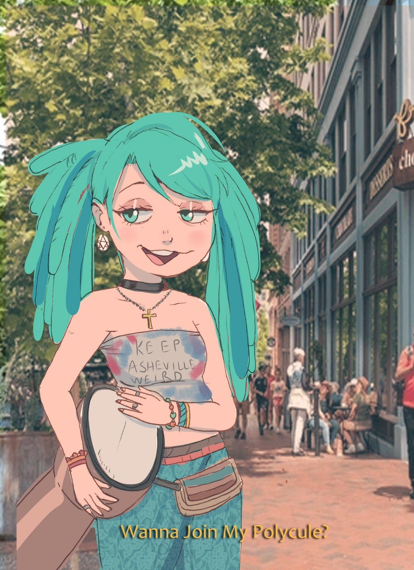 miku wearing a choker, cross necklace, and keep ashville weird tube top. She's holding a drum thing and asking if you want to join her polycule.