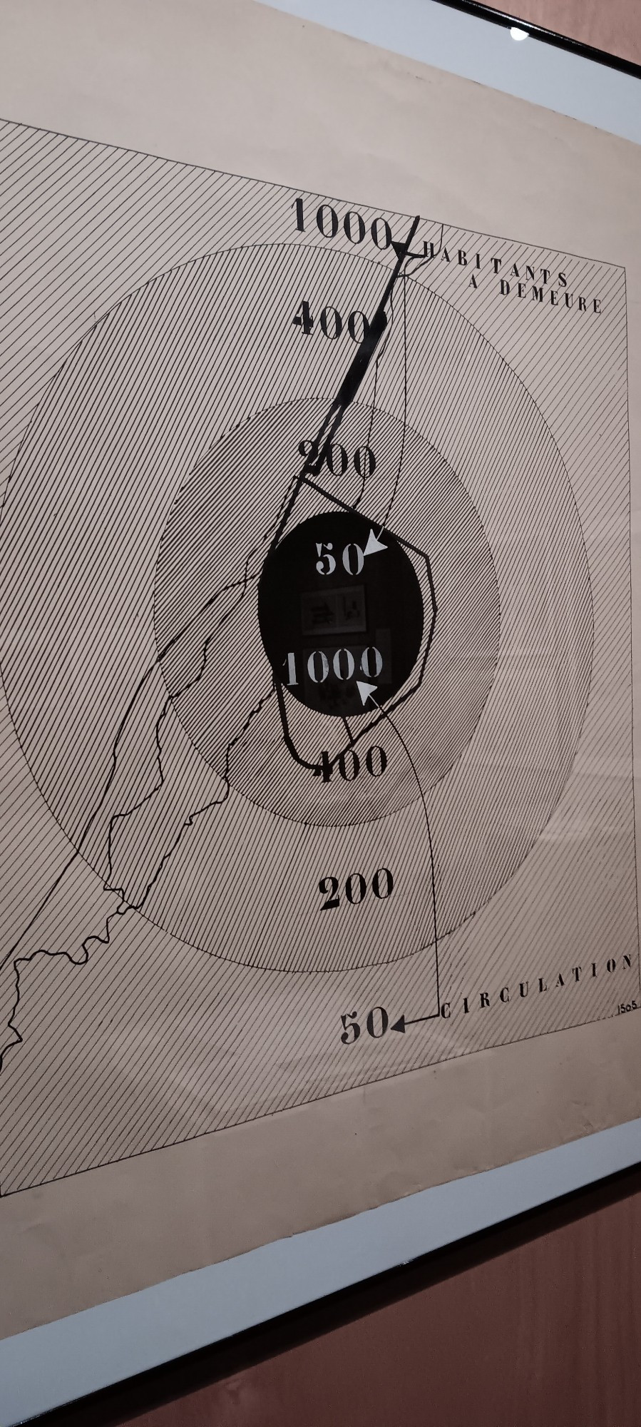 Kartta joka näyttää Brysselin koko kaupungin alueen mustana plänttinä jossa ei asu kukaan ("asumistiheys 50") mutta kaikki liikkuvat ("kierto 1000"). Jossain puolessavälissä Ranskaan ja Hollantiin arvot ovat päinvastoin.