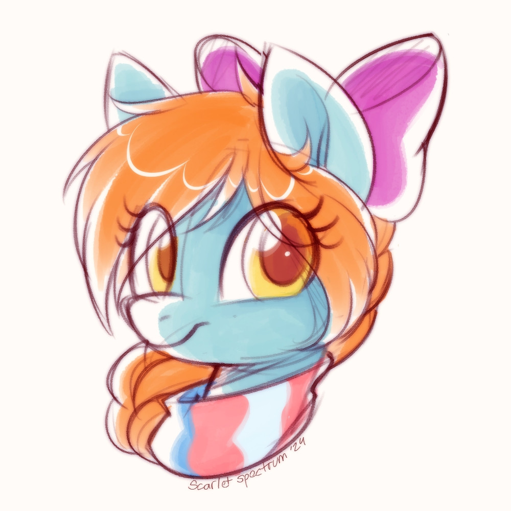 A headshot of Skydream, a teal pegasus mare with a braided orange mane and pink hairbow