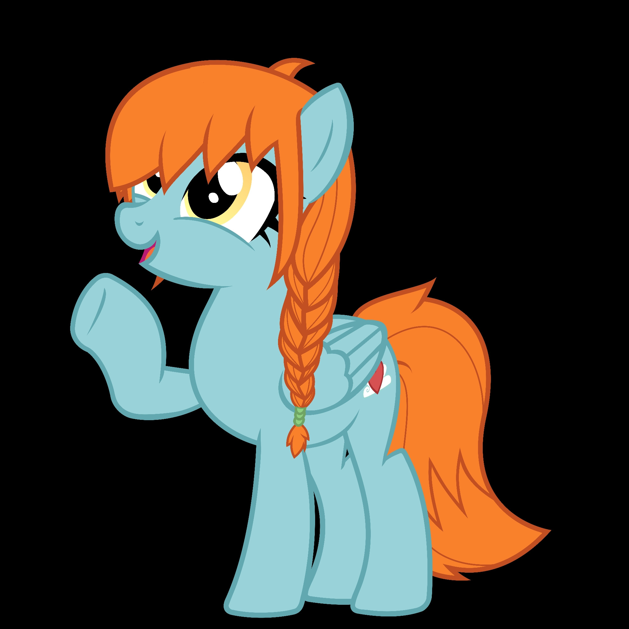 Skydream, a teal pegasus mare with a braided orange mane and orange tail, waves hello