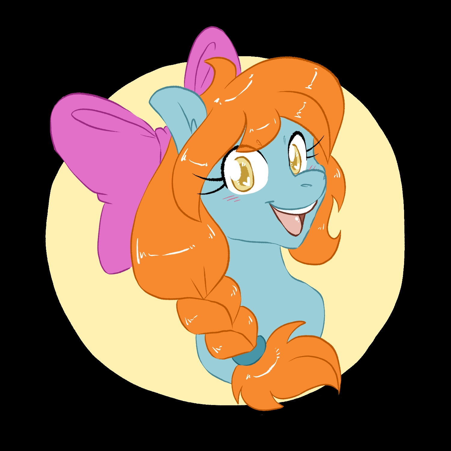 A headshot of Skydream, a teal pegasus mare with a braided orange mane and pink hairbow