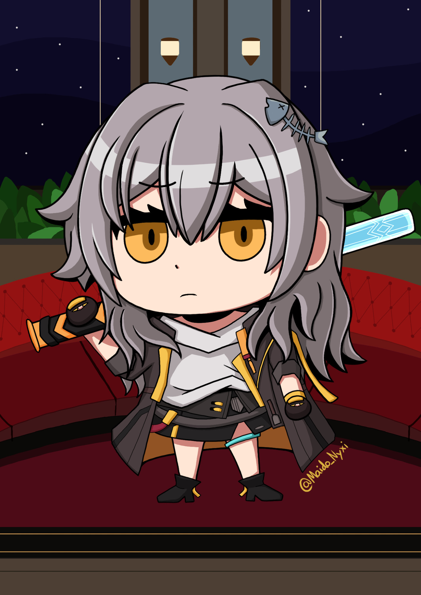 Fanart of Stelle from Honkai Star Rail in the Fate/Grand Order April's Fools art style.