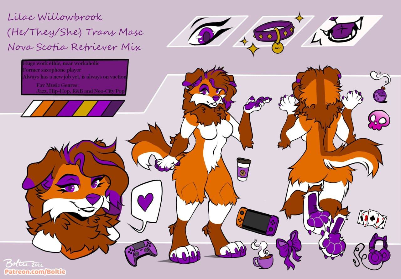 LilacPupp's reference sheet. She is a light brown and white dog with dark brown leg and back markings and purple eyes.