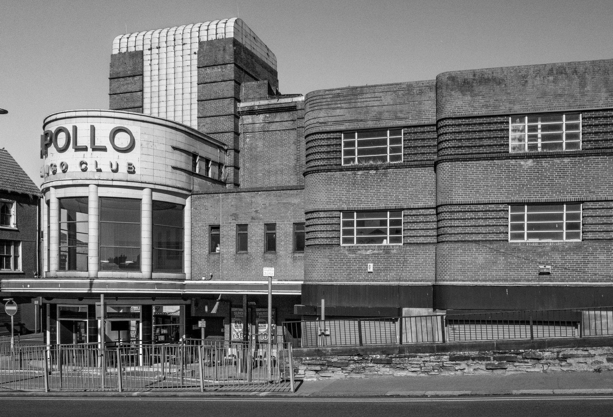 Monochrome image of the Apollo Bingo Club, a classic Art Deco building, in Rhyl.