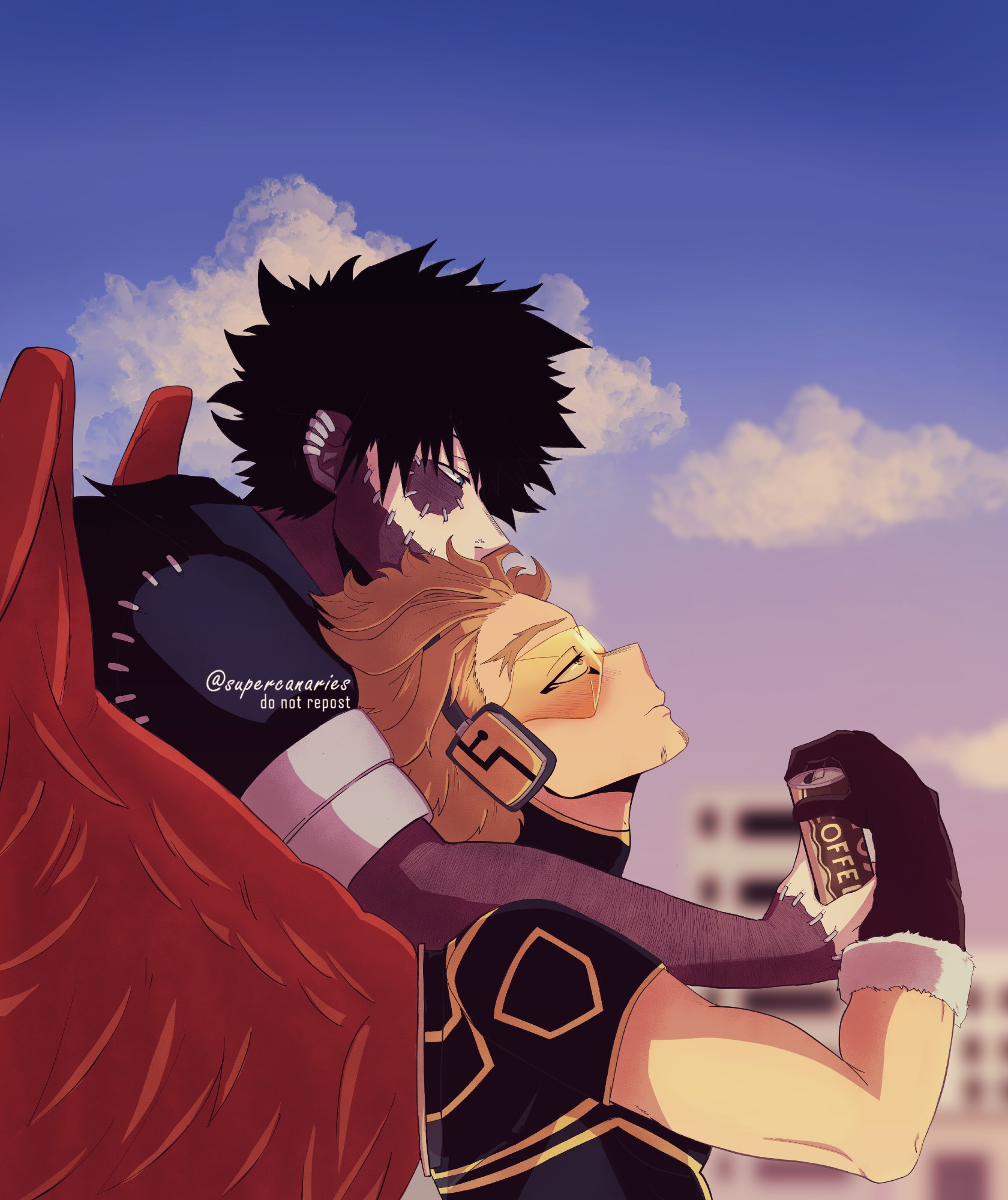 drawing of dabi and hawks in a peaceful moment at sunset