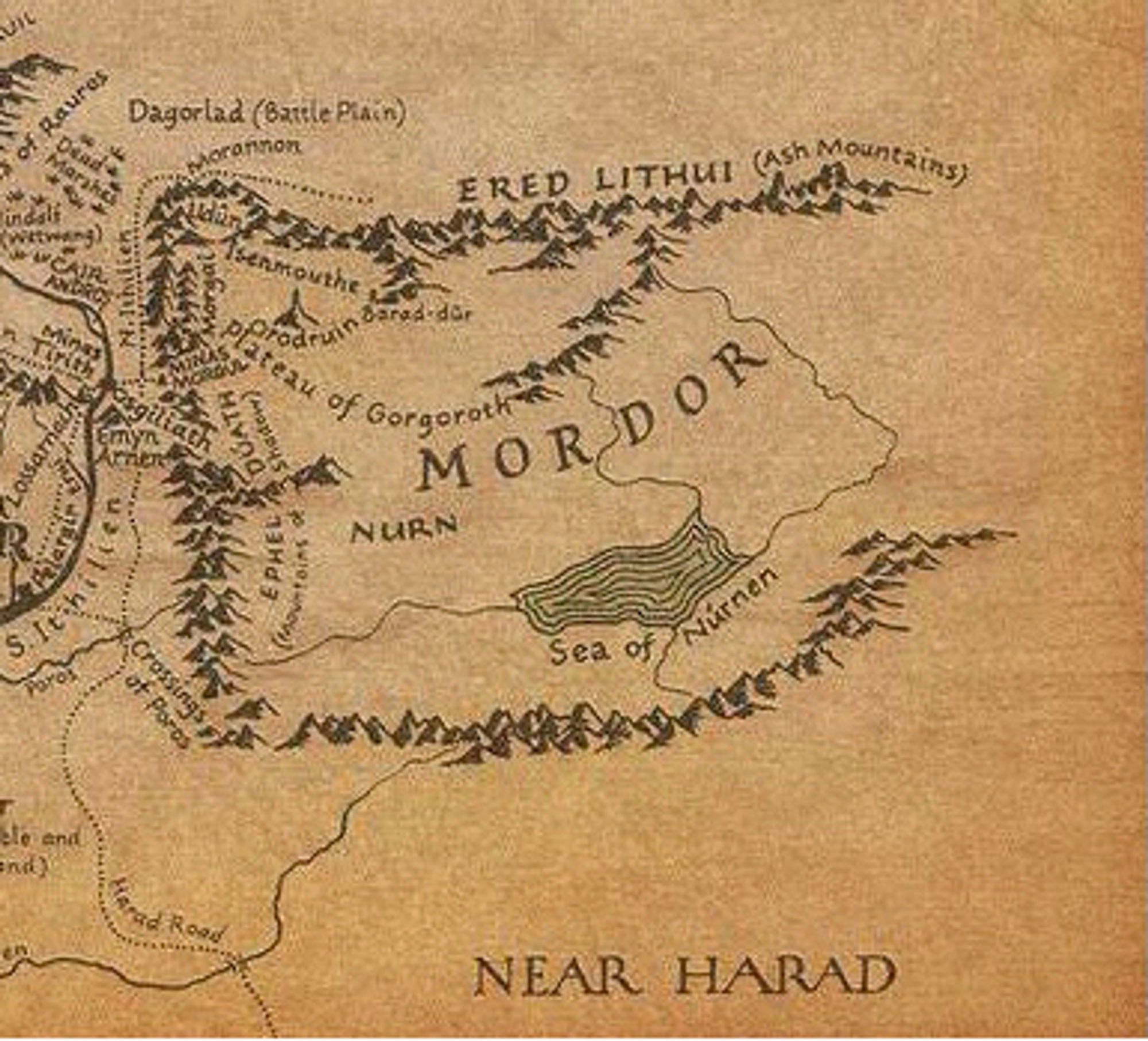 Mountain ranges diagrammed around Mordor. Sepia image from Lord of the Rings.