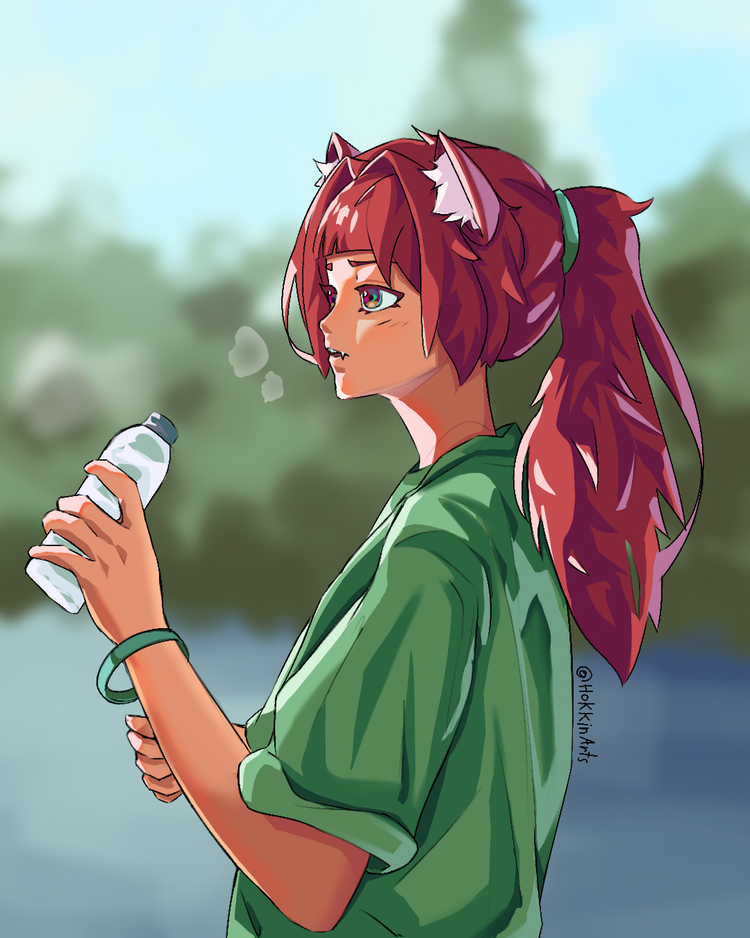 A digital drawing / painting art piece of an original anime character with fox ears drinking water after a hard workout. Drawn by me!