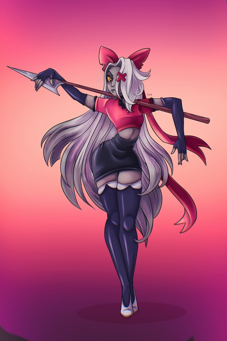 fanart of vaggie from hazbinhotel, holding her spear on top of her shoulders, with one arm resting on it and one going over it, with flowy hair on a simple red/orange-y background