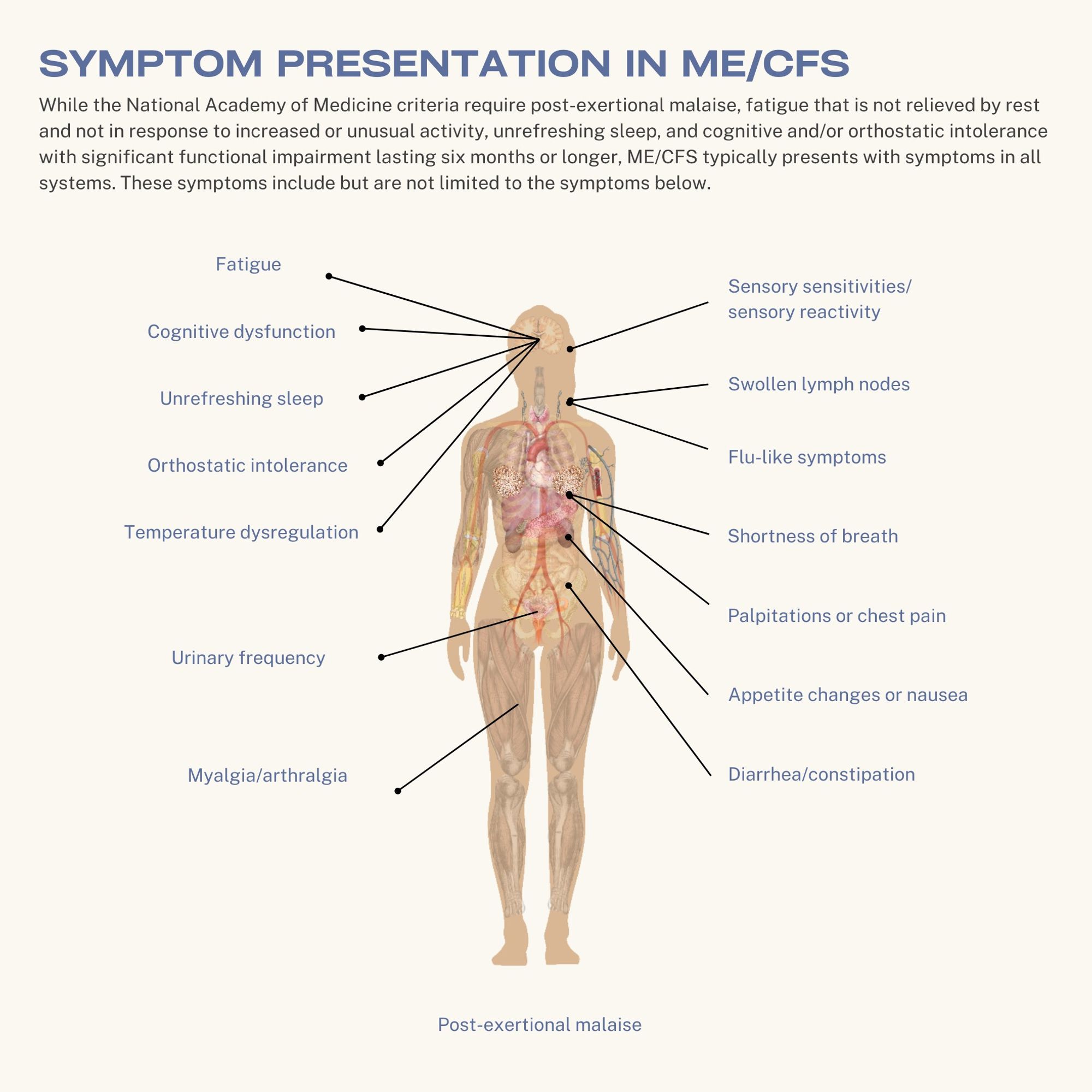 Symptom presentation in ME/CFS. While the National Academy of Medicine criteria require post-exertional malaise, fatigue that is not relieved by rest and not in response to increased or unusual activity, unrefreshing sleep, and cognitive and/or orthostatic intolerance with significant functional impairment lasting six months or longer, ME/CFS typically presents with symptoms in all systems.  These symptoms include but are not limited to those below.

Below is an image of the human body with symptoms and arrows.  Fatigue, cognitive dysfunction, unrefreshing sleep, orthostatic intolerance, temperature dysregulation, urinary frequency, myalgia/arthralgia, sensory sensitivities/sensory reactivity, swollen lymph glands, flu-like symptoms, shortness of breath, palpitations or chest pain, appetite changes or nausea, diarrhea/constipation, and post-exertional malaise.