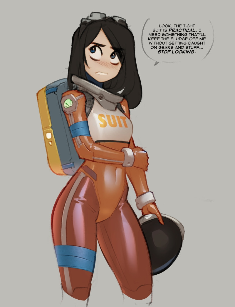 Sketch of a girl in an orange tight suit, explaining that it's actually a practical design.