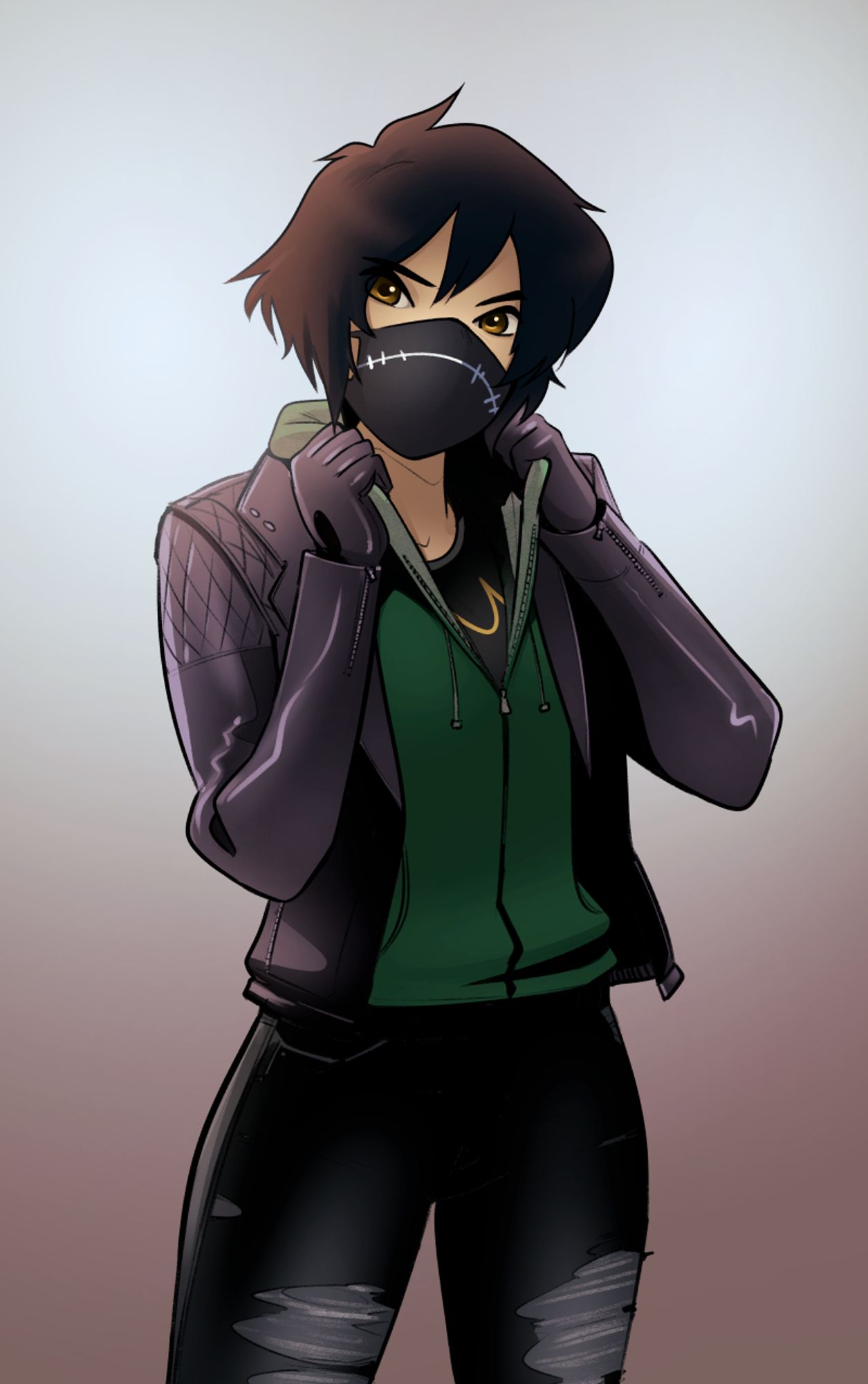 Cassandra Cain in casual wear, wearing a black face mask. The iconic stitching is drawn onto the mask.