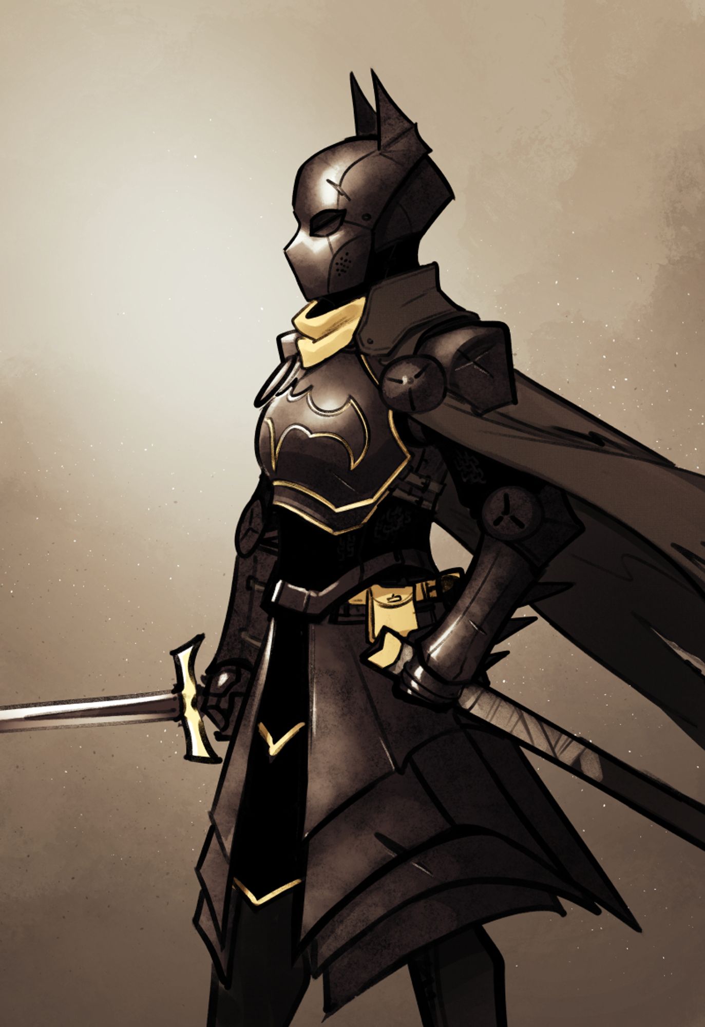 An illustration of a knight with Batgirl motifs