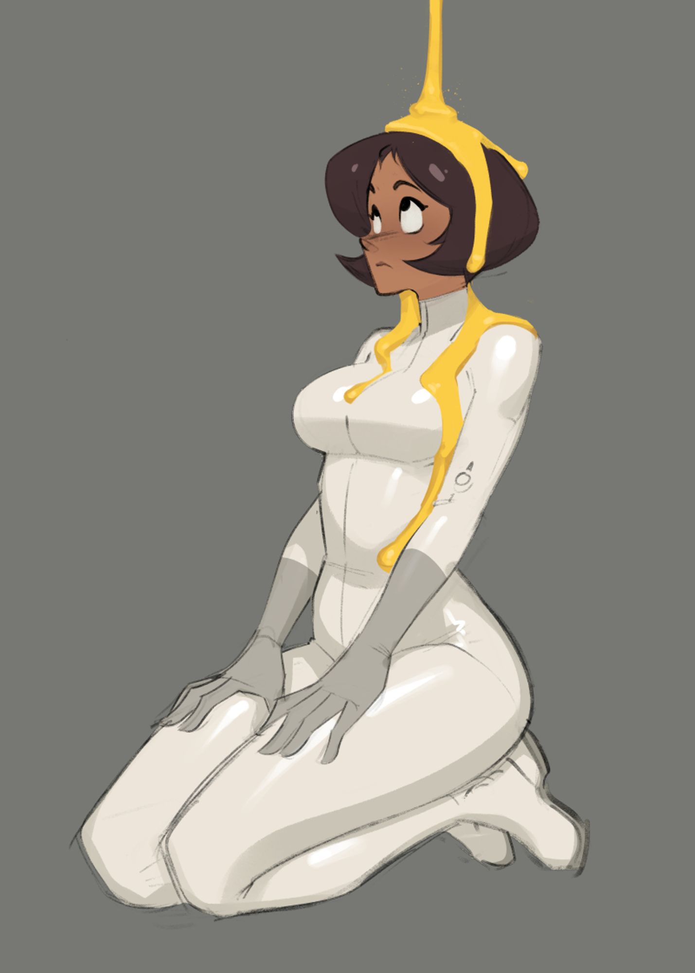 Alex from Totally Spies in a white version of her suit as yellow paint like liquid pours down onto her.