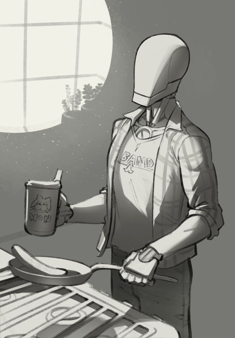 illustration of a cyborg frying a pancake