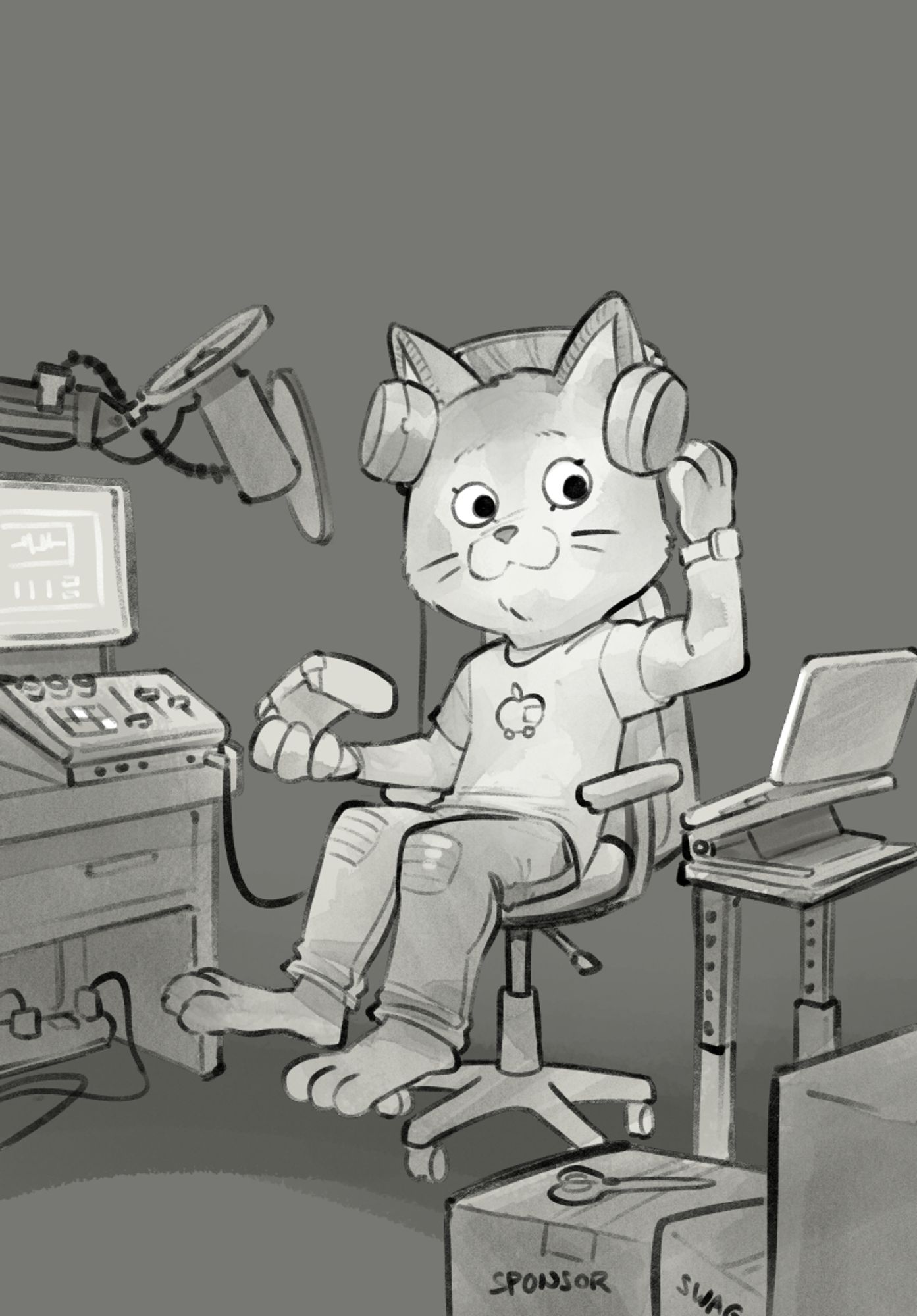 A livestreaming cat in the style of Richard Scarry's "Busy World"