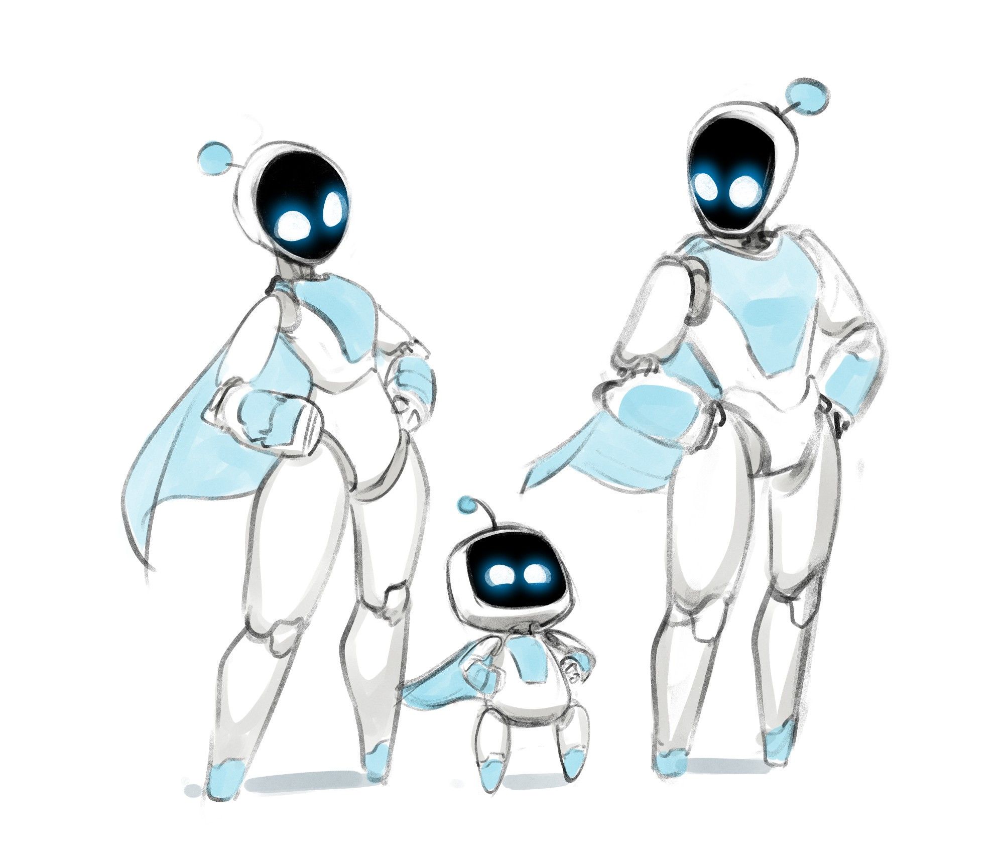 Sketch of Astro Bot from the Playstation Game Astrobot and two more grown up versions of the little robot.