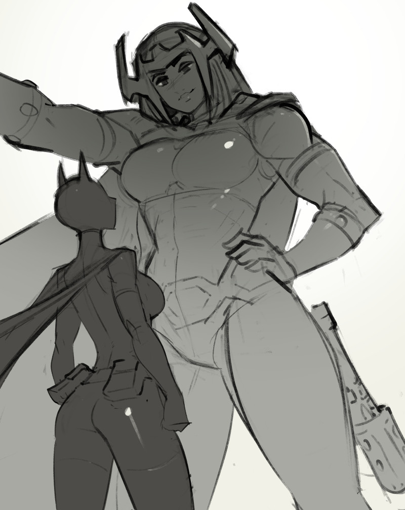 A black and white sketch of Cassandra Cain looking up at a giant Big Barda