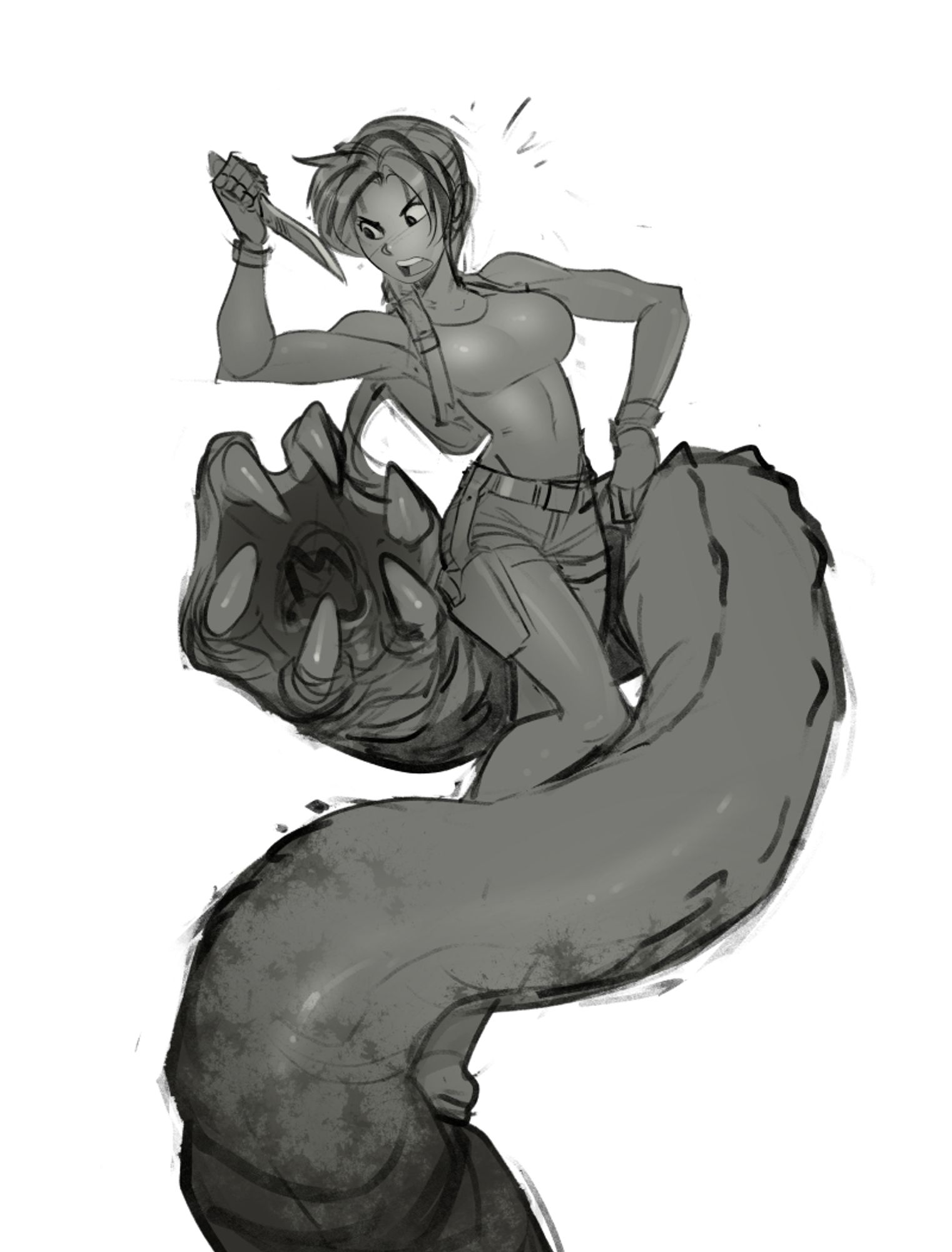 Black and white sketch of Lara Croft fighting with a massive worm with a tooth filled maw.