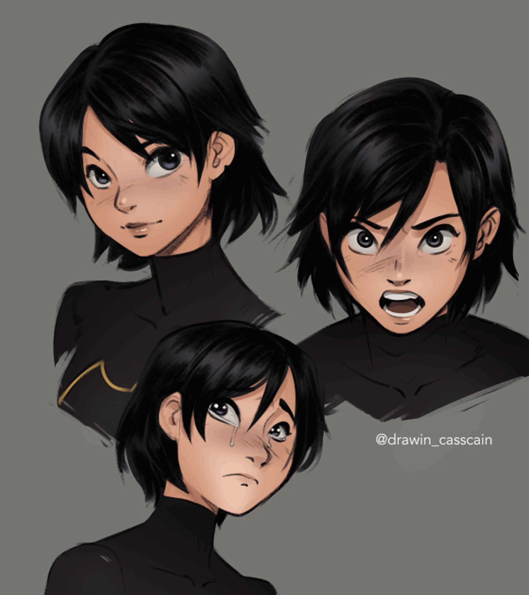 Illustration of Cassandra Cain and different facial expressions. If this works as a gif, it should alternate between mask on and mask off images.