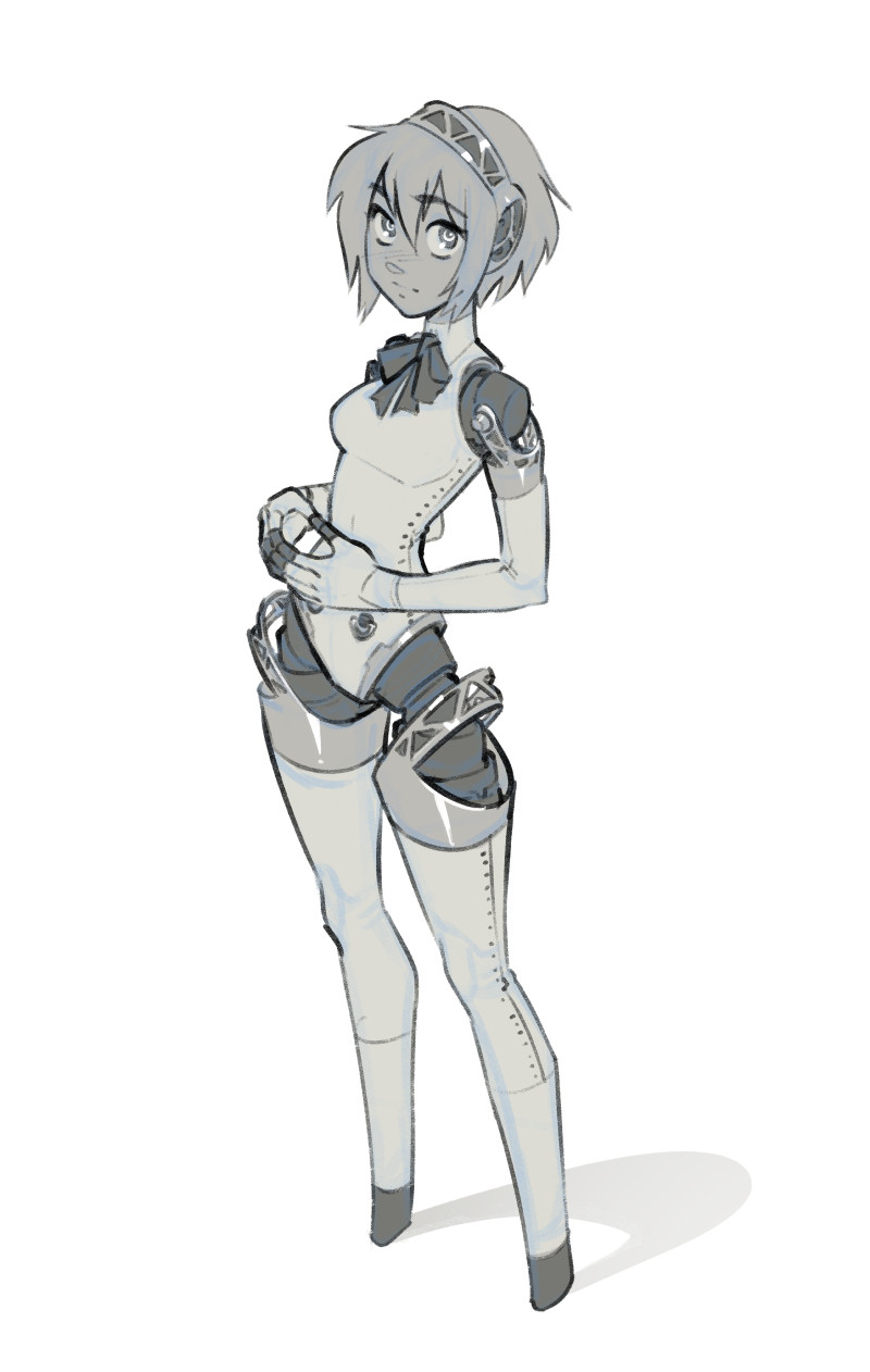 black and white sketch of Aigis from Persona 3.