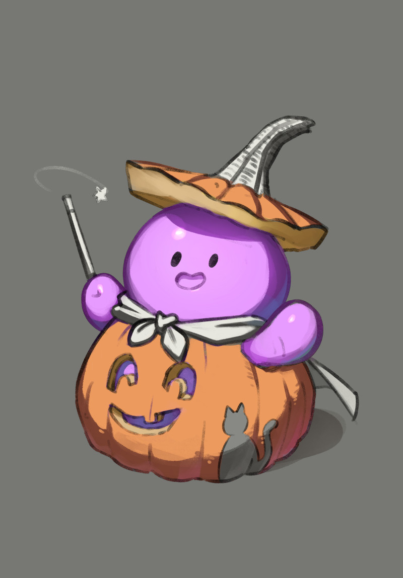 A small pink round alien wearing a pumpkin as a witch costume.