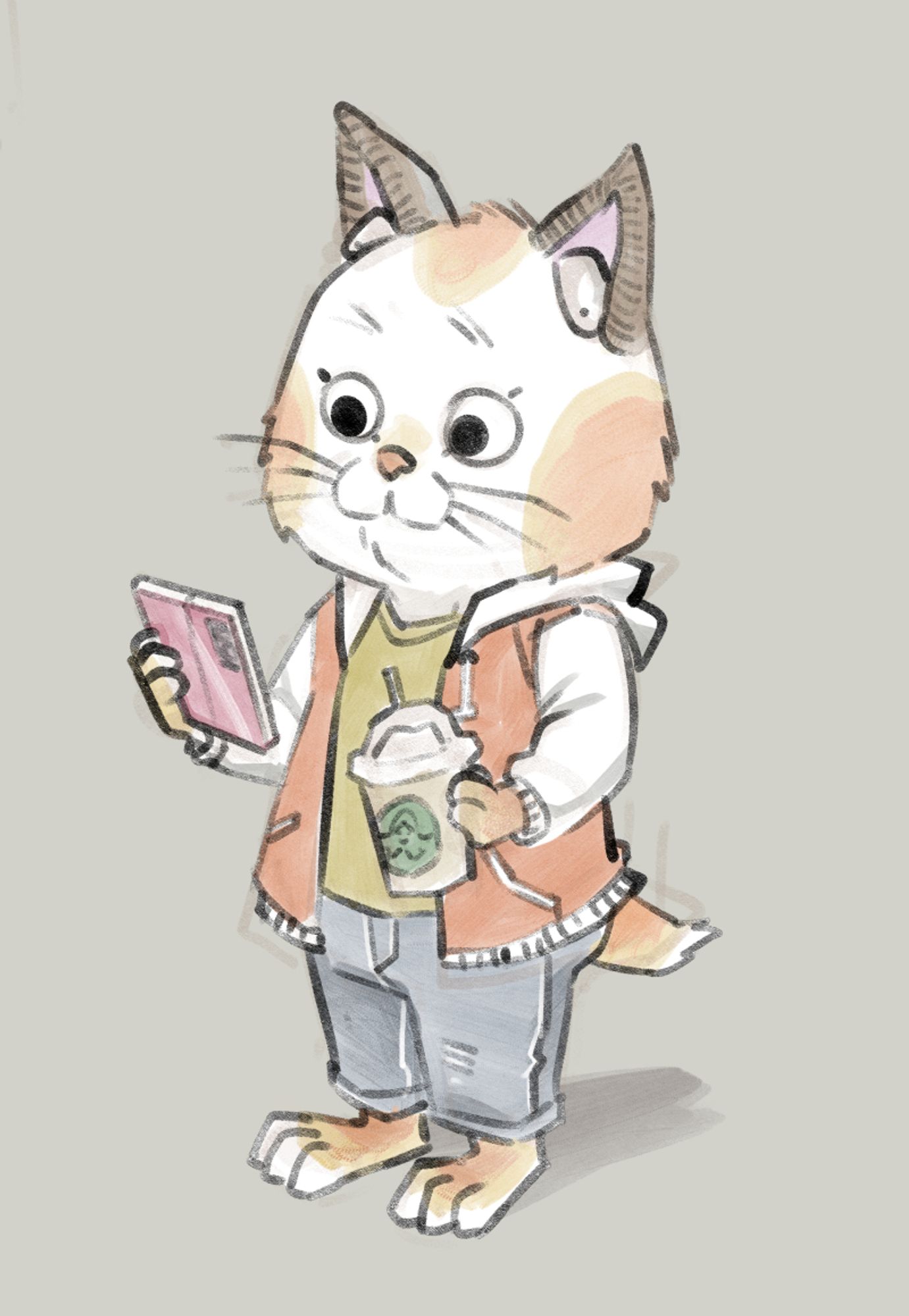 A cat in the style of Richard Scarry's "Busy World"