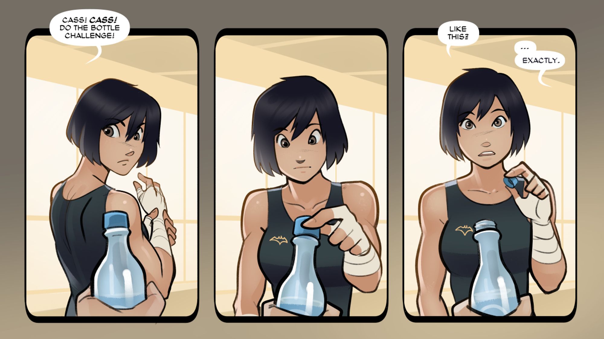 A small comic strip of Cassandra being asked to do the meme where someone kicks the bottle cap off a bottle. She misinterprets the prompting and unscrews the bottle.